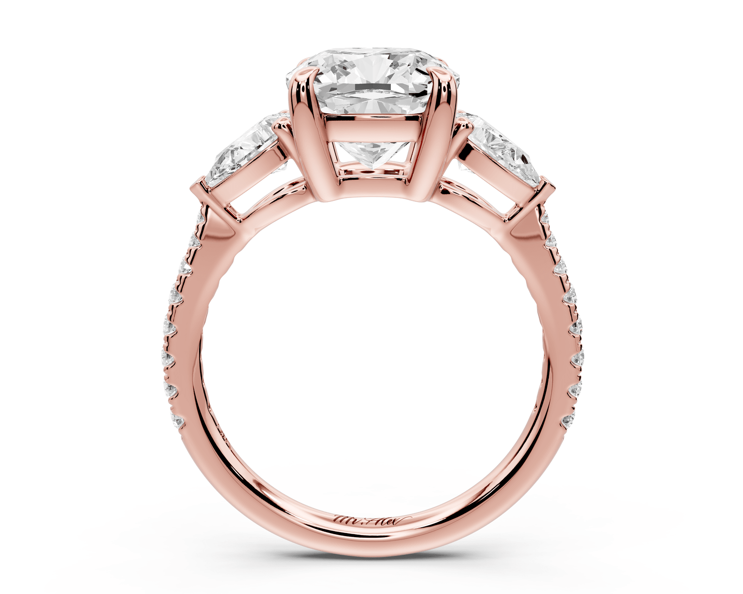 Alma - 3ct 18k rose gold cushion center stone with two pear shaped diamonds and pavé. Three stone oval and pear engagement ring with Pavé - Mr. Alex Jewelry