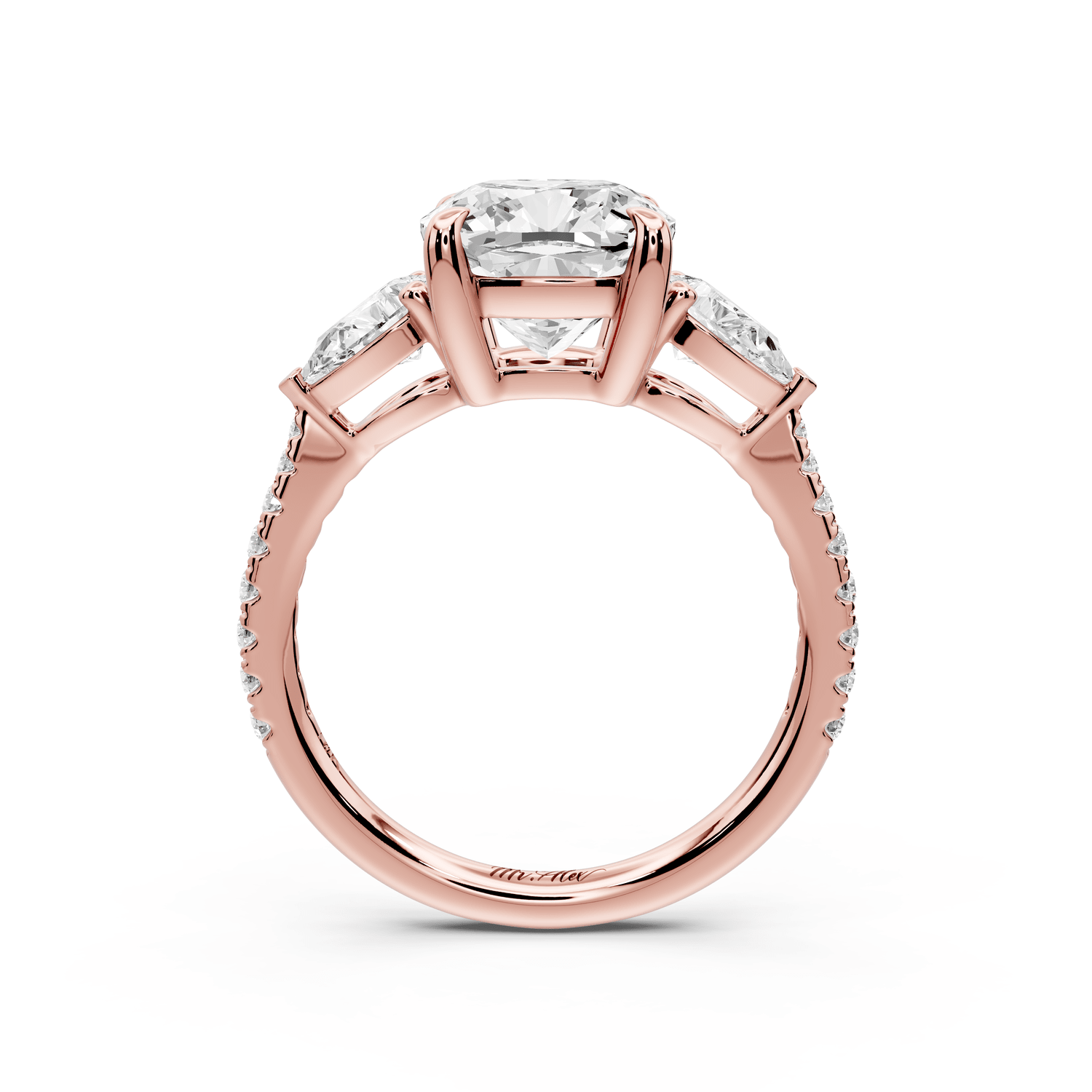 Alma - 3ct 18k rose gold cushion center stone with two pear shaped diamonds and pavé. Three stone oval and pear engagement ring with Pavé - Mr. Alex Jewelry