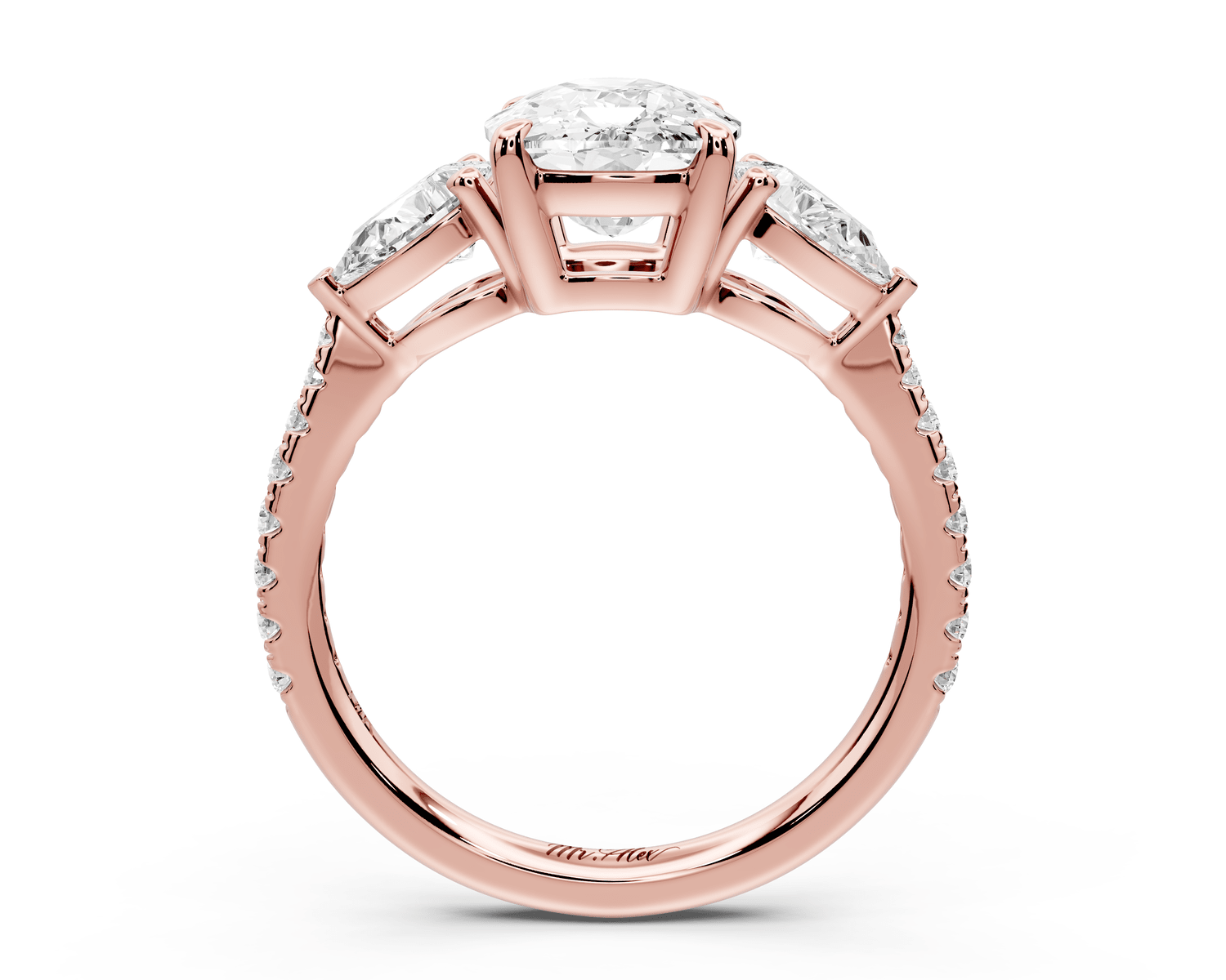 Alma - 3ct 18k rose gold ecushion center stone with two pear shaped diamonds and pavé. Three stone oval and pear engagement ring with Pavé - Mr. Alex Jewelry
