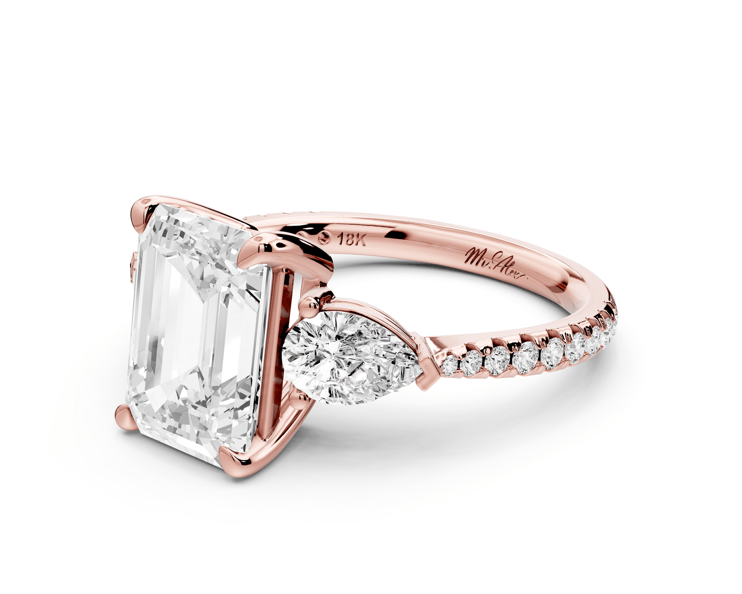 Alma - 3ct 18k rose gold emerald center stone with two pear shaped diamonds and pavé. Three stone oval and pear Engagement ring with Pavé - Mr. Alex Jewelry