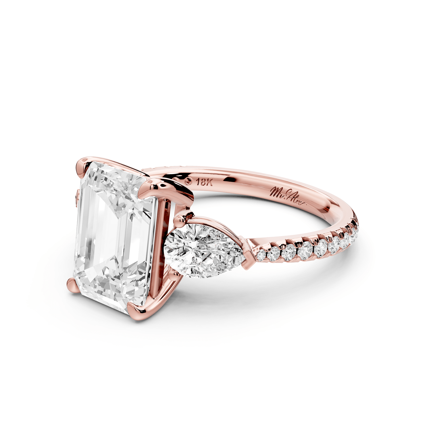Alma - 3ct 18k rose gold emerald center stone with two pear shaped diamonds and pavé. Three stone oval and pear Engagement ring with Pavé - Mr. Alex Jewelry