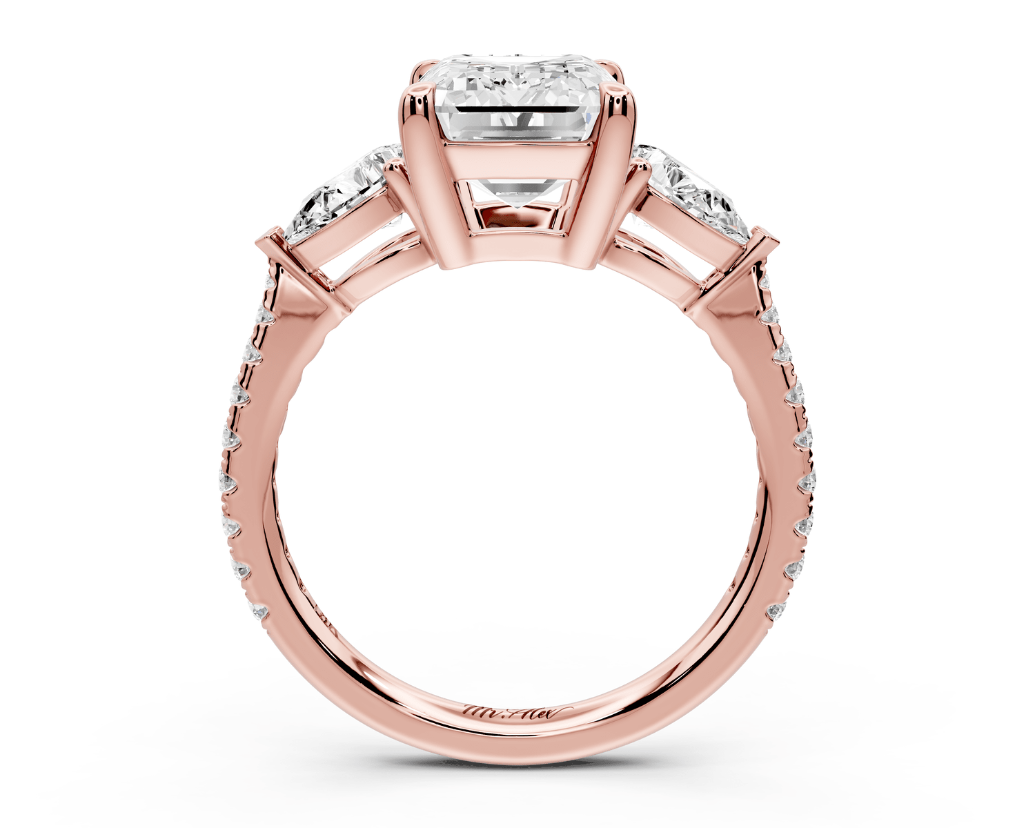 Alma - 3ct 18k rose gold emerald center stone with two pear shaped diamonds and pavé. Three stone oval and pear Engagement ring with Pavé - Mr. Alex Jewelry