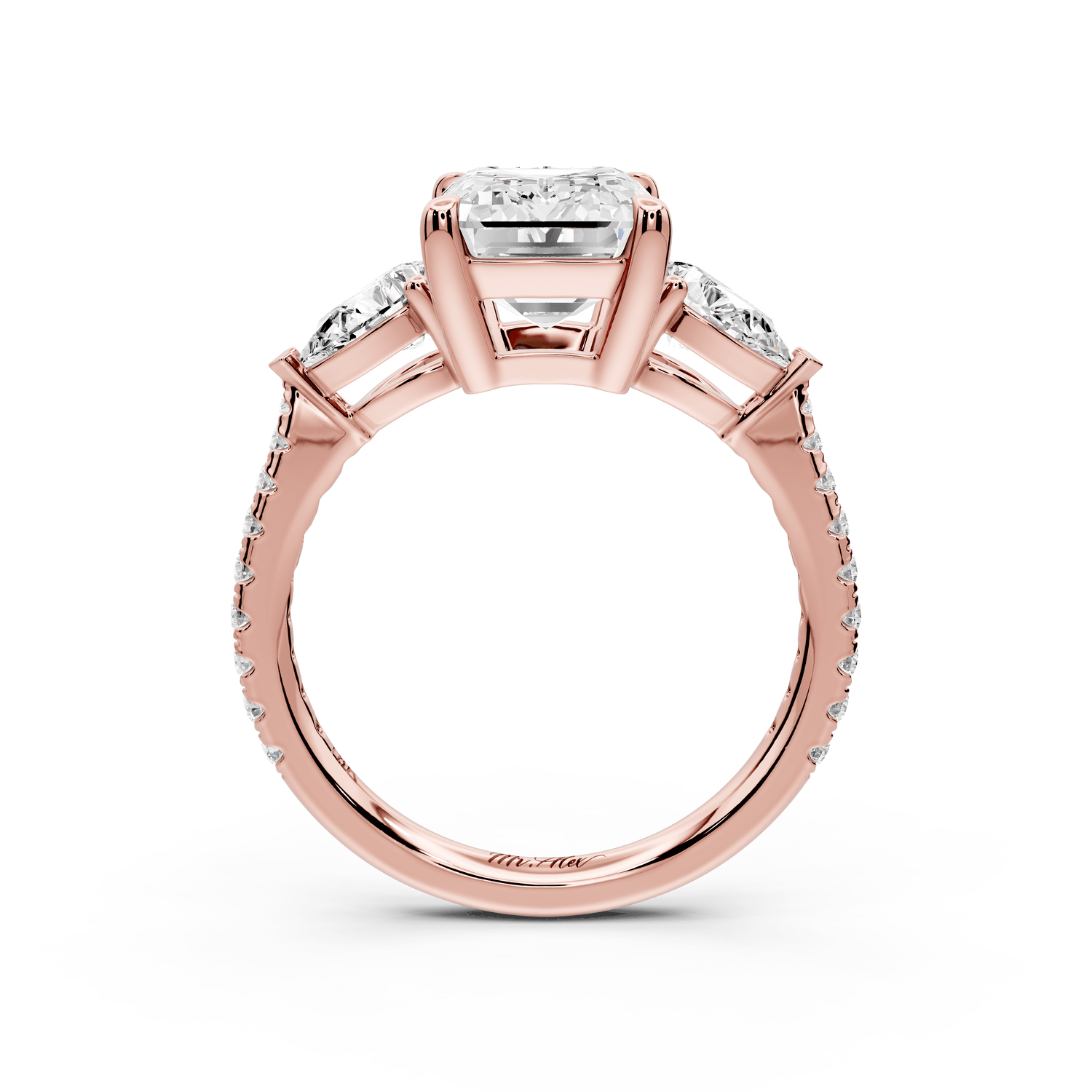 Alma - 3ct 18k rose gold emerald center stone with two pear shaped diamonds and pavé. Three stone oval and pear Engagement ring with Pavé - Mr. Alex Jewelry
