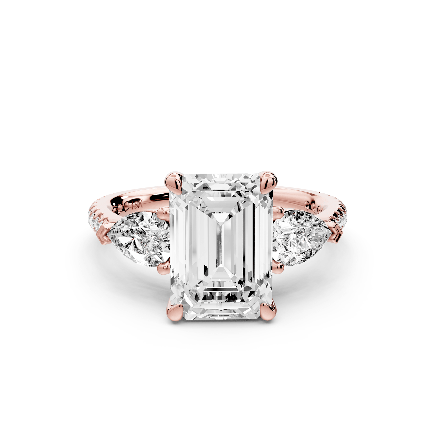Alma - 3ct 18k rose gold emerald center stone with two pear shaped diamonds and pavé. Three stone oval and pear Engagement ring with Pavé - Mr. Alex Jewelry