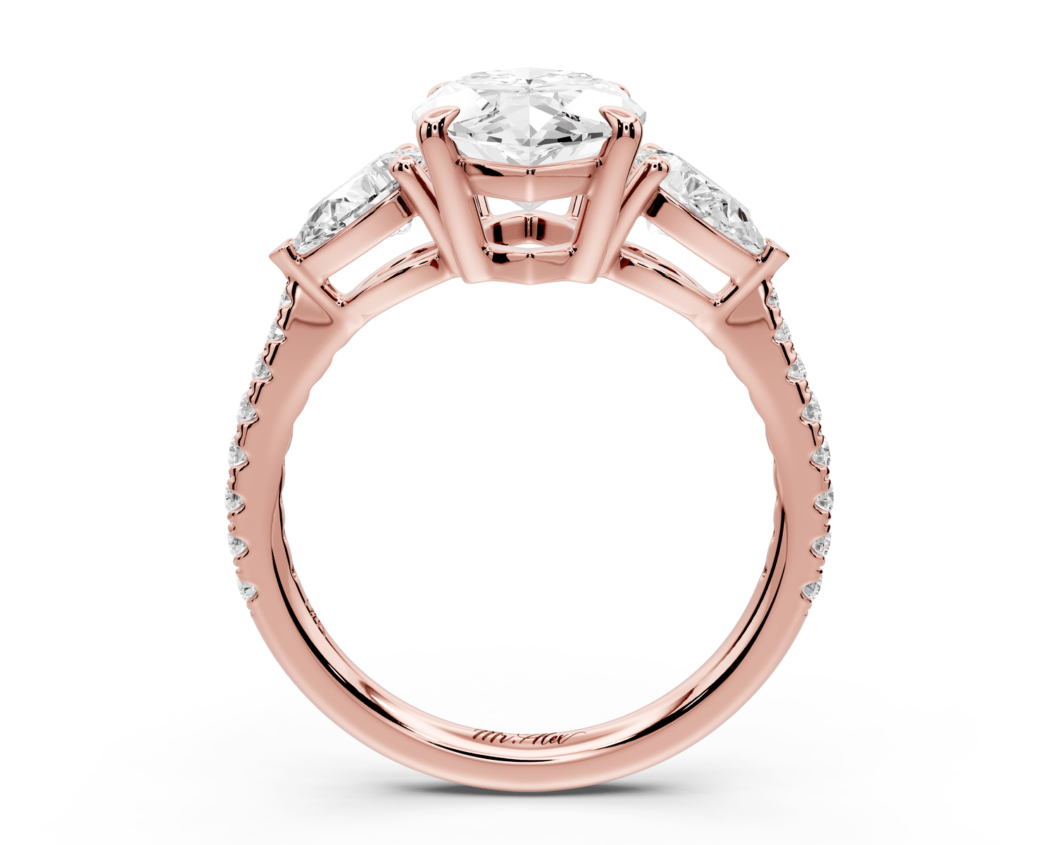 Alma - 3ct 18k rose gold marquise center stone with two pear shaped diamonds and pavé. Three stone oval and pear engagement ring with Pavé - Mr. Alex Jewelry
