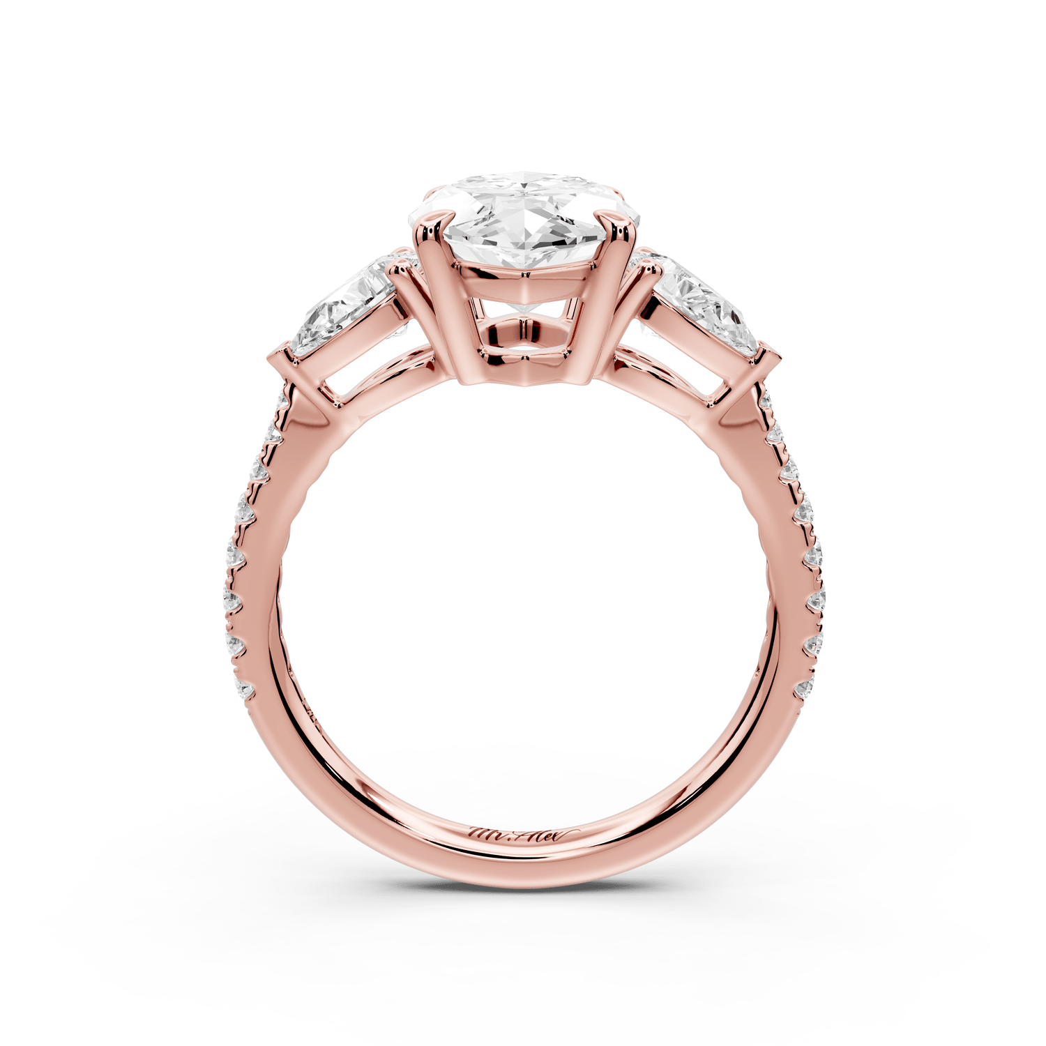 Alma - 3ct 18k rose gold marquise center stone with two pear shaped diamonds and pavé. Three stone oval and pear engagement ring with Pavé - Mr. Alex Jewelry