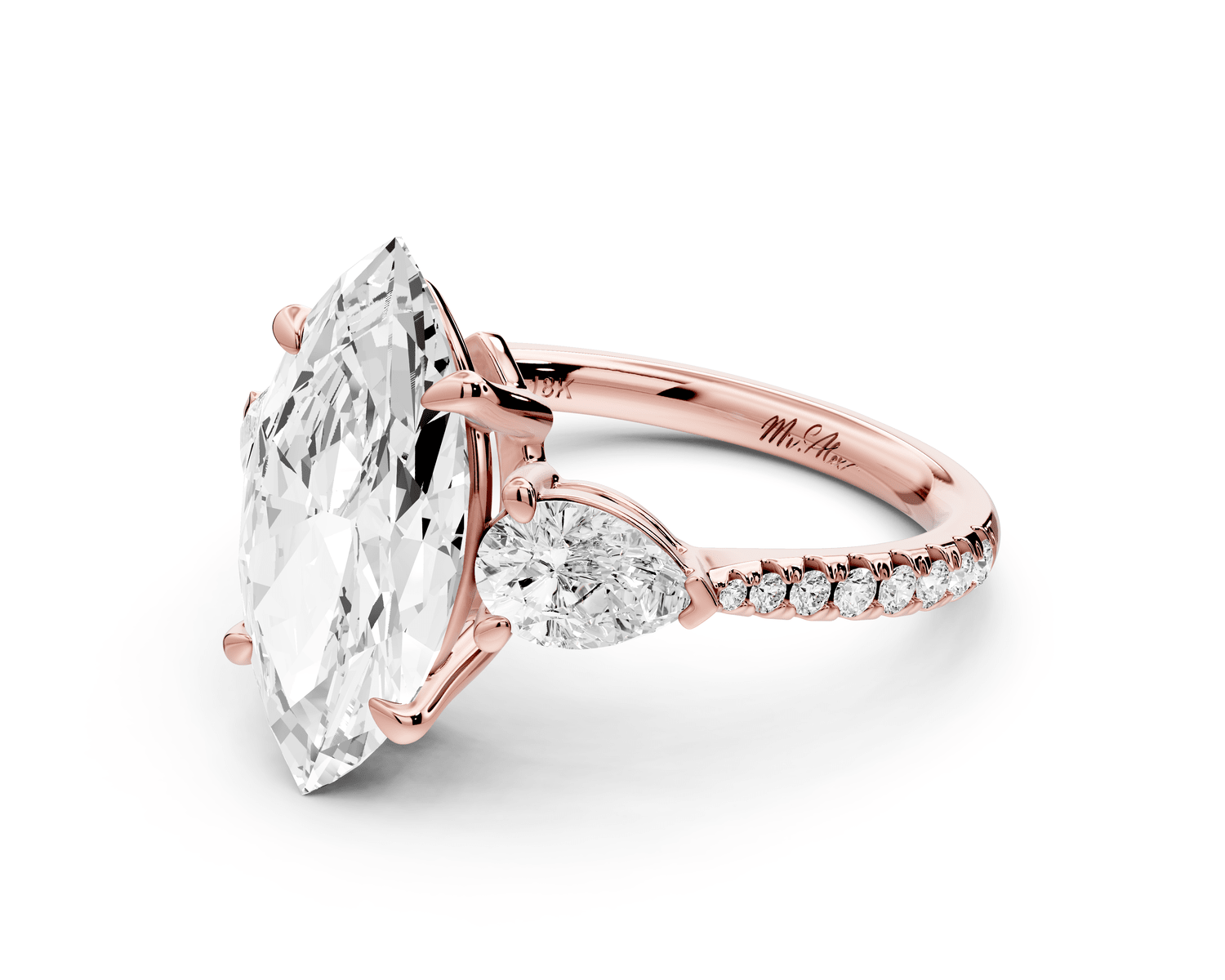 Alma - 3ct 18k rose gold marquise center stone with two pear shaped diamonds and pavé. Three stone oval and pear engagement ring with Pavé - Mr. Alex Jewelry