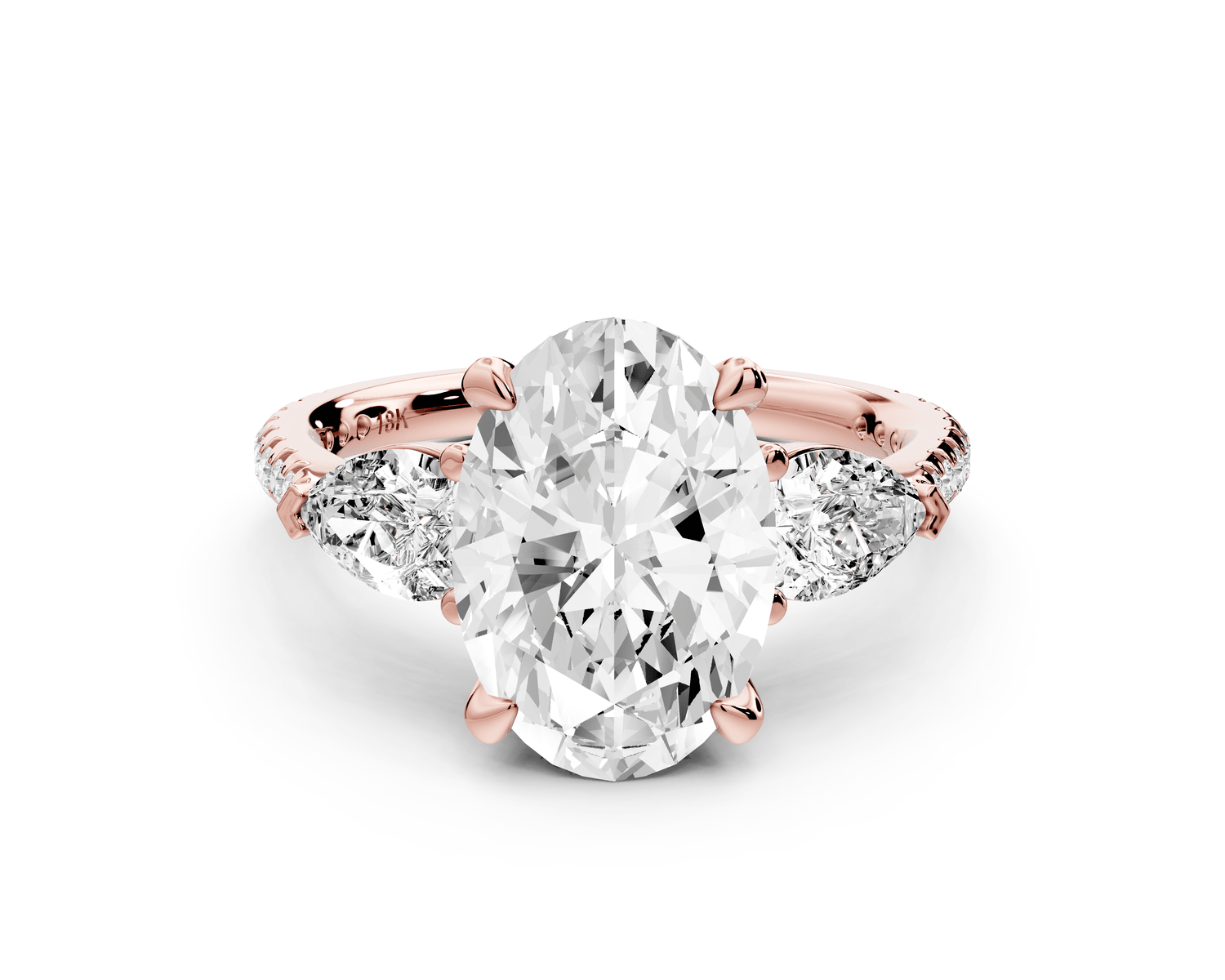 Alma - 3ct 18k rose gold oval center stone with two pear shaped diamonds and pavé. Three stone oval and pear Engagement ring with Pavé - Mr. Alex Jewelry