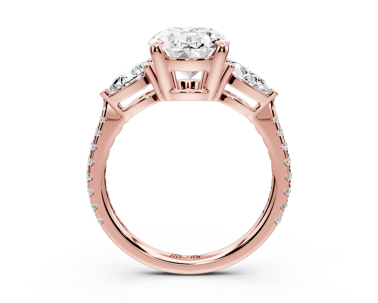 Alma - 3ct 18k rose gold oval center stone with two pear shaped diamonds and pavé. Three stone oval and pear Engagement ring with Pavé - Mr. Alex Jewelry