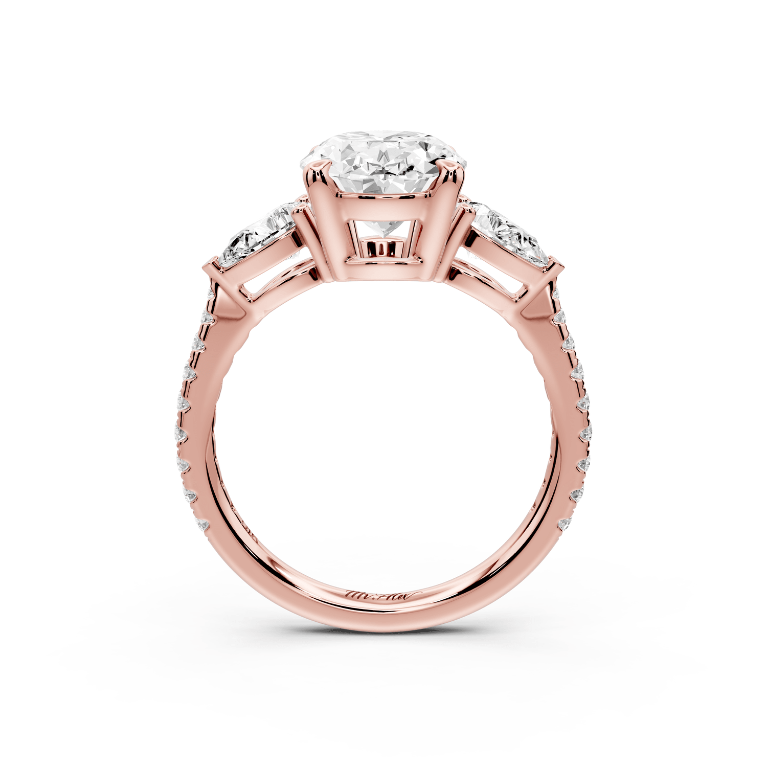 Alma - 3ct 18k rose gold oval center stone with two pear shaped diamonds and pavé. Three stone oval and pear Engagement ring with Pavé - Mr. Alex Jewelry