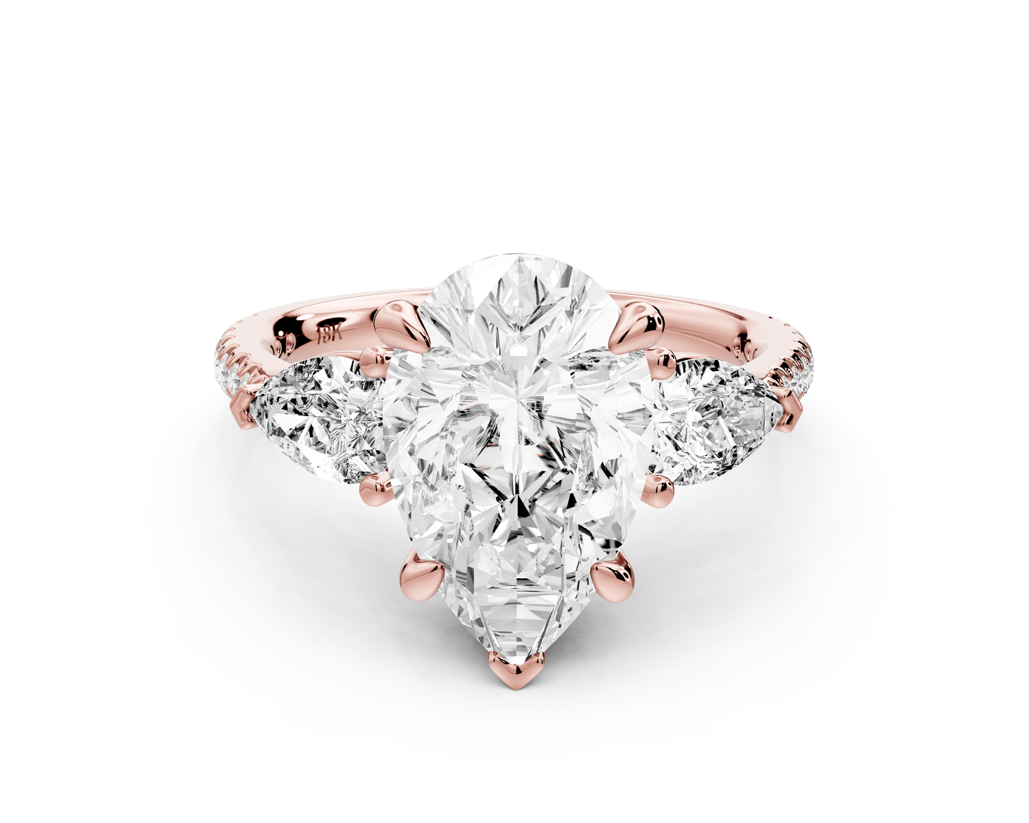 Alma - 3ct 18k rose gold pear center stone with two pear shaped diamonds and pavé. Three stone oval and pear Engagement ring with Pavé - Mr. Alex Jewelry