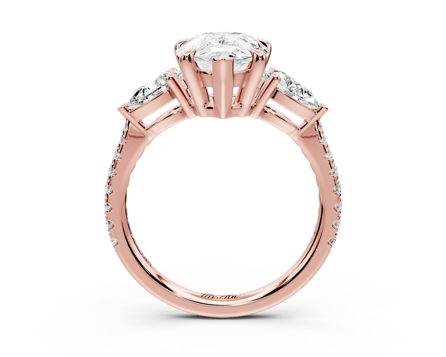 Alma - 3ct 18k rose gold pear center stone with two pear shaped diamonds and pavé. Three stone oval and pear Engagement ring with Pavé - Mr. Alex Jewelry