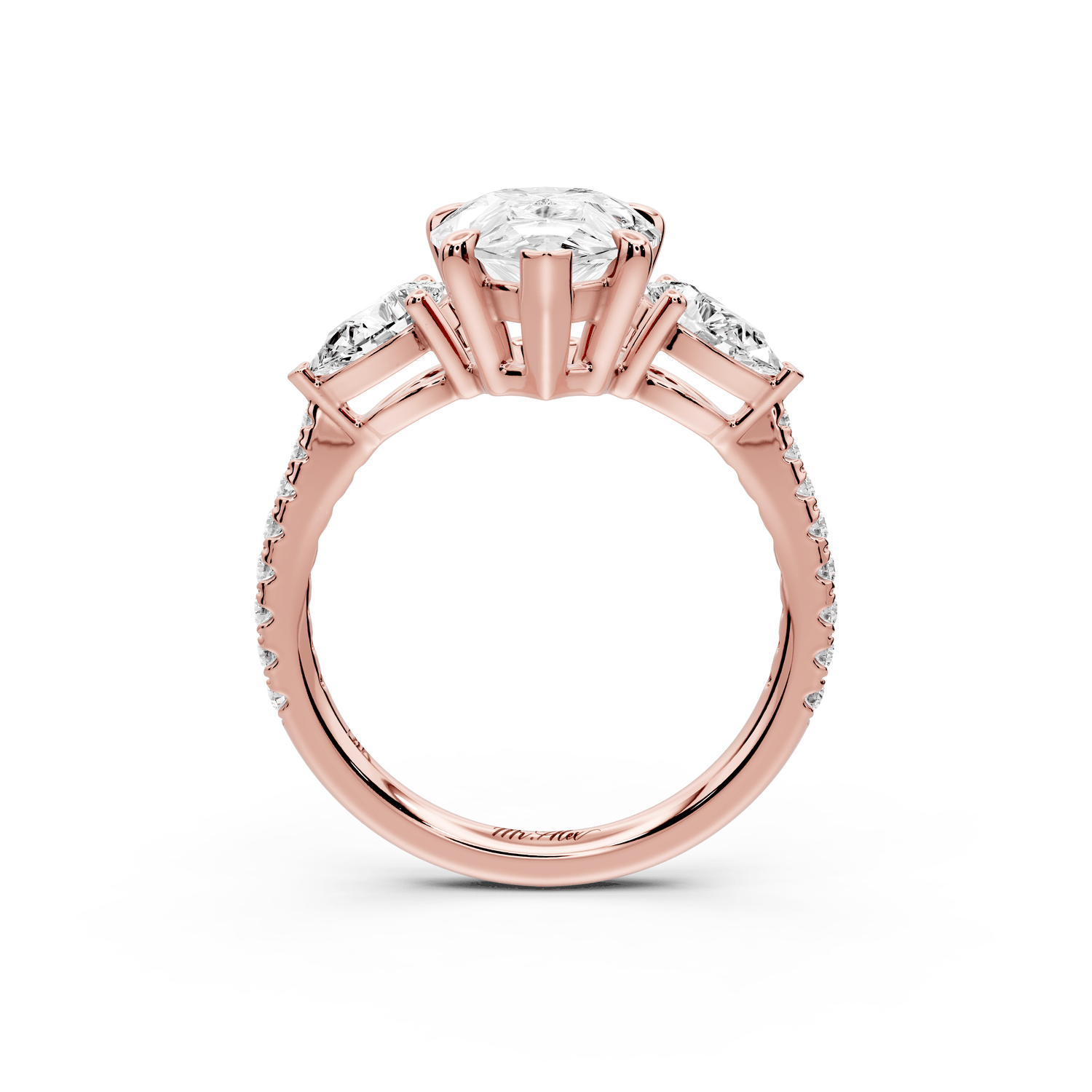 Alma - 3ct 18k rose gold pear center stone with two pear shaped diamonds and pavé. Three stone oval and pear Engagement ring with Pavé - Mr. Alex Jewelry