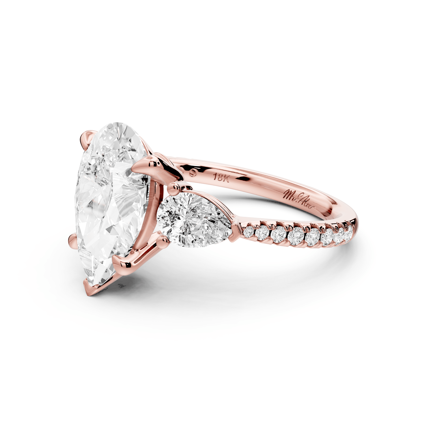 Alma - 3ct 18k rose gold pear center stone with two pear shaped diamonds and pavé. Three stone oval and pear Engagement ring with Pavé - Mr. Alex Jewelry
