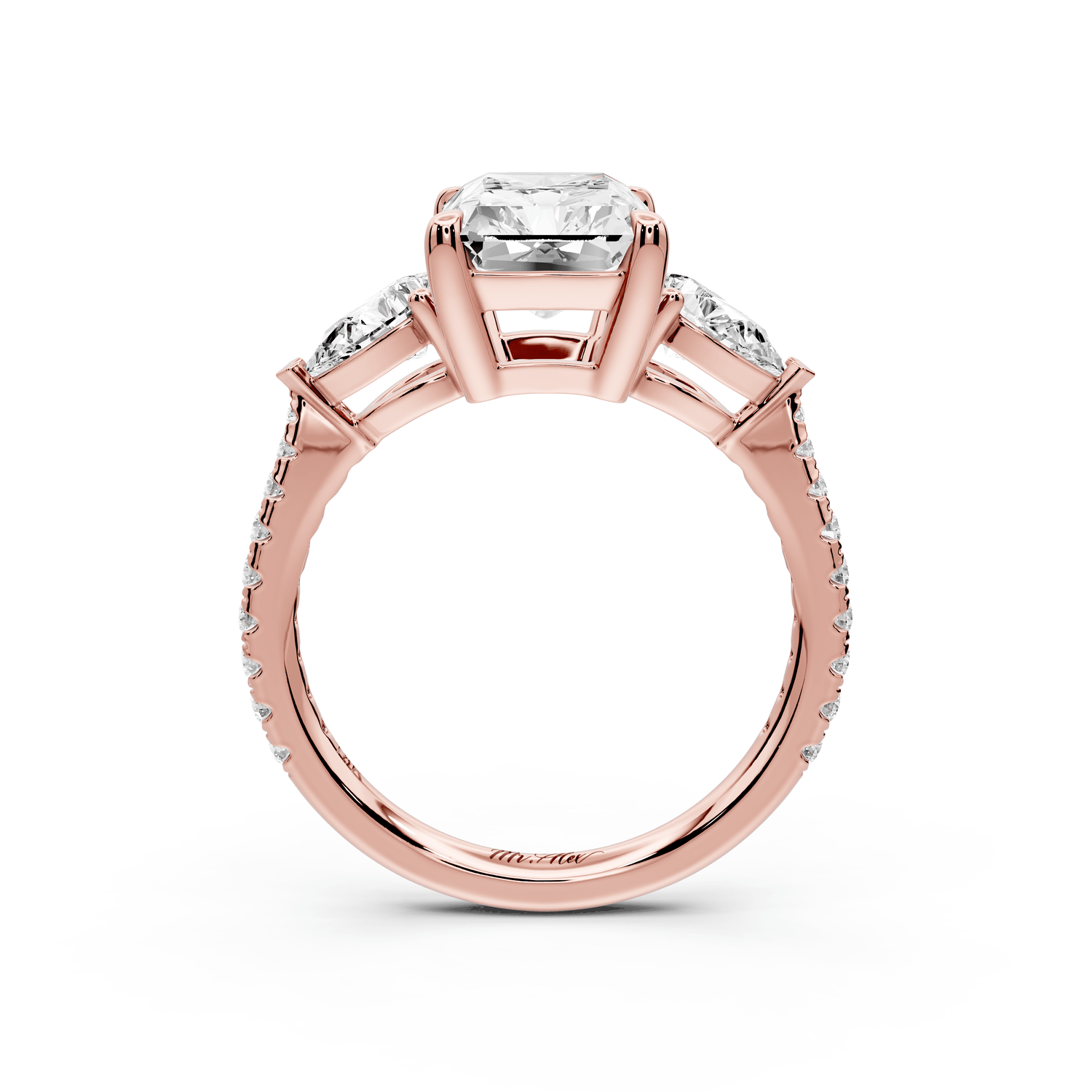 Alma - 3ct 18k rose gold radiant center stone with two pear shaped diamonds and pavé. Three stone oval and pear engagement ring with Pavé - Mr. Alex Jewelry