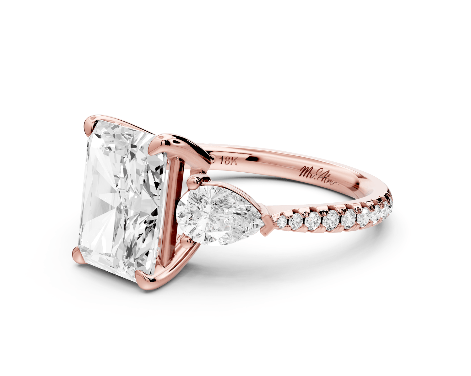 Alma - 3ct 18k rose gold radiant center stone with two pear shaped diamonds and pavé. Three stone oval and pear engagement ring with Pavé - Mr. Alex Jewelry