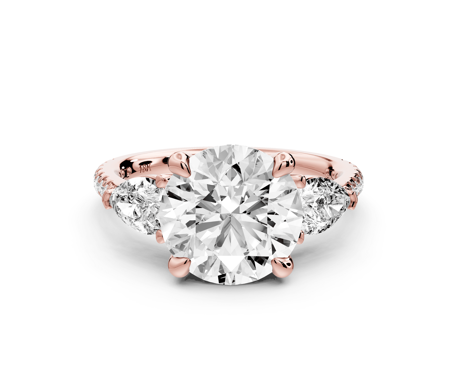 Alma - 3ct 18k rose gold round center stone with two pear shaped diamonds and pavé. Three stone oval and pear engagment ring with Pavé - Mr. Alex Jewelry