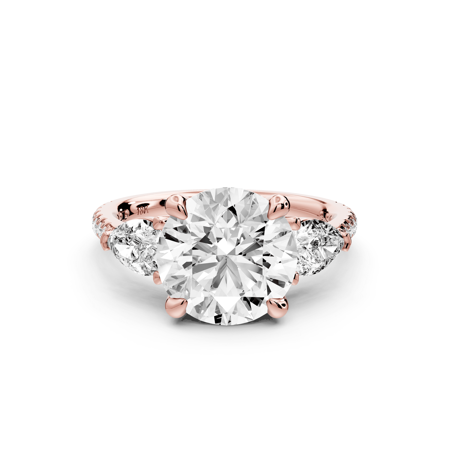 Alma - 3ct 18k rose gold round center stone with two pear shaped diamonds and pavé. Three stone oval and pear engagment ring with Pavé - Mr. Alex Jewelry