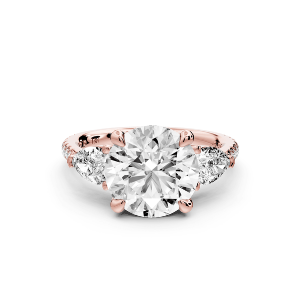 Alma - 3ct 18k rose gold round center stone with two pear shaped diamonds and pavé. Three stone oval and pear engagment ring with Pavé - Mr. Alex Jewelry