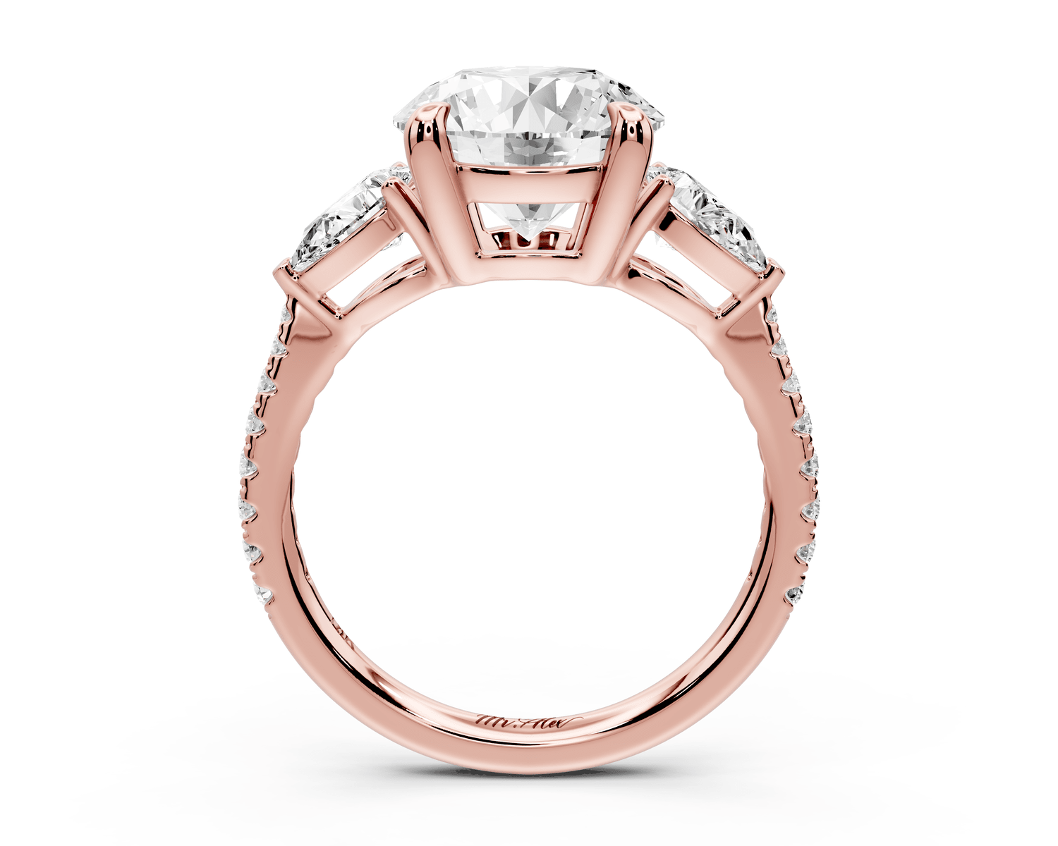 Alma - 3ct 18k rose gold round center stone with two pear shaped diamonds and pavé. Three stone oval and pear engagment ring with Pavé - Mr. Alex Jewelry
