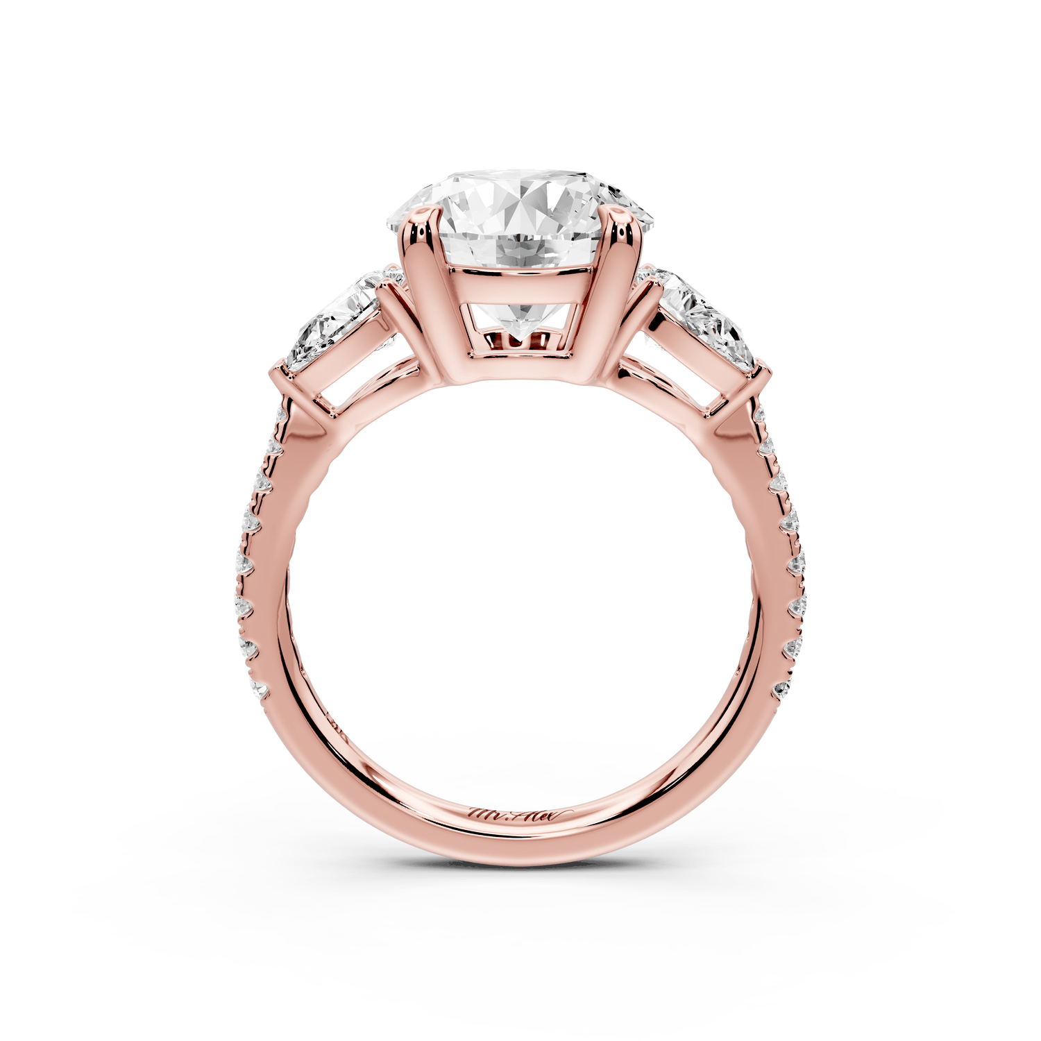 Alma - 3ct 18k rose gold round center stone with two pear shaped diamonds and pavé. Three stone oval and pear engagment ring with Pavé - Mr. Alex Jewelry