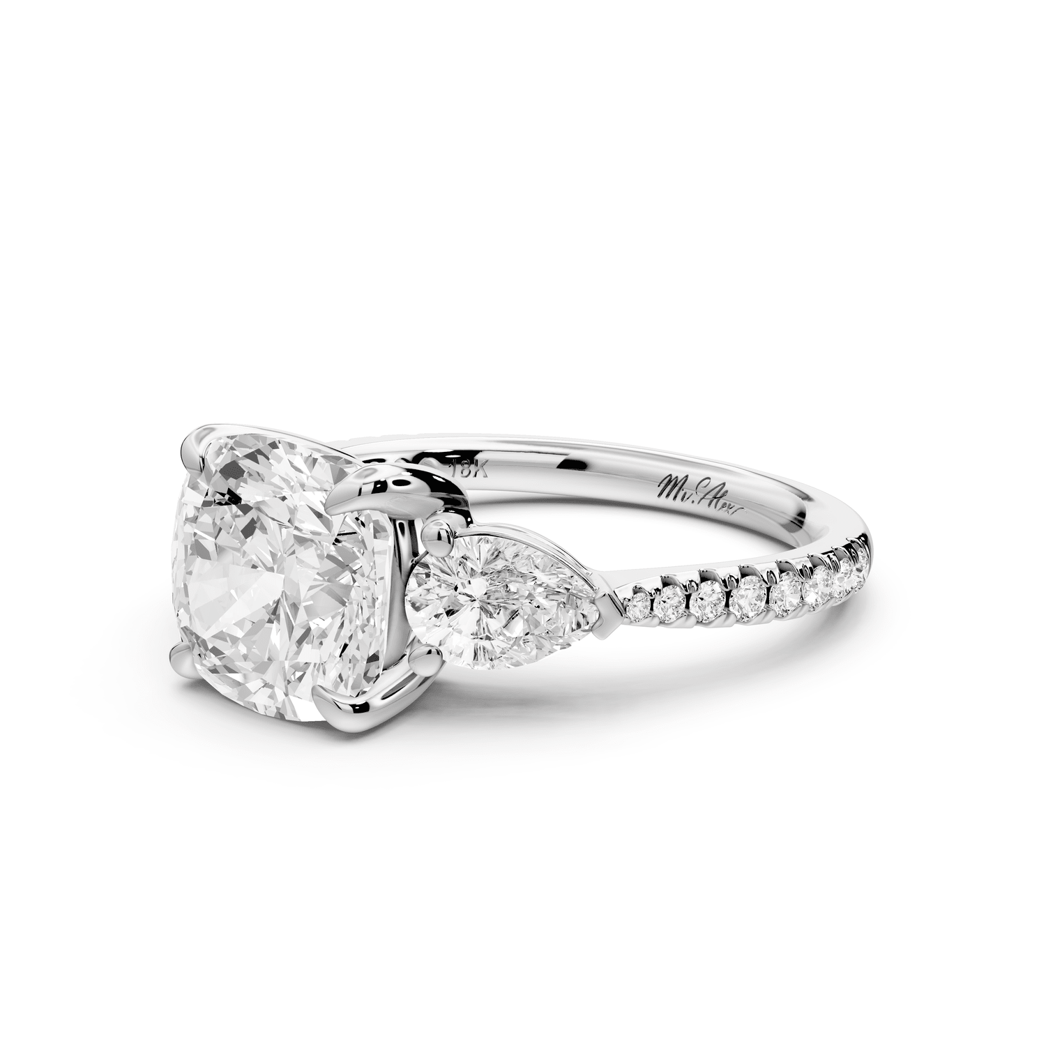 Alma - 3ct 18k white gold cushion center stone with two pear shaped diamonds and pavé. Three stone oval and pear engagement ring with Pavé - Mr. Alex Jewelry
