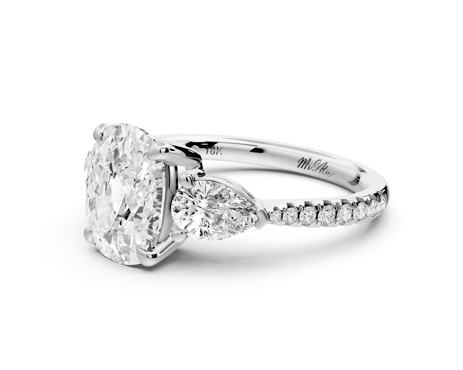 Alma - 3ct 18k white gold ecushion center stone with two pear shaped diamonds and pavé. Three stone oval and pear engagement ring with Pavé - Mr. Alex Jewelry