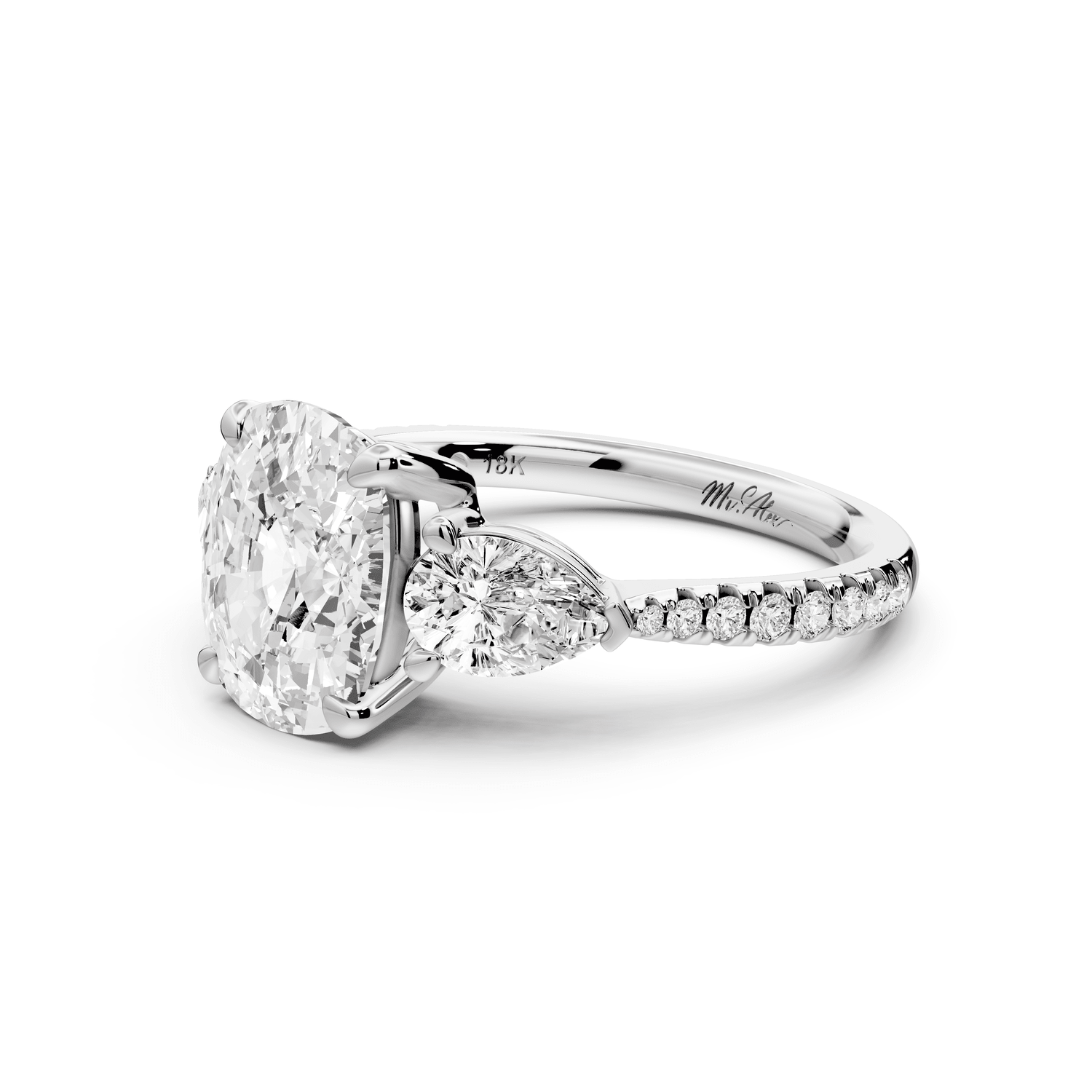 Alma - 3ct 18k white gold ecushion center stone with two pear shaped diamonds and pavé. Three stone oval and pear engagement ring with Pavé - Mr. Alex Jewelry
