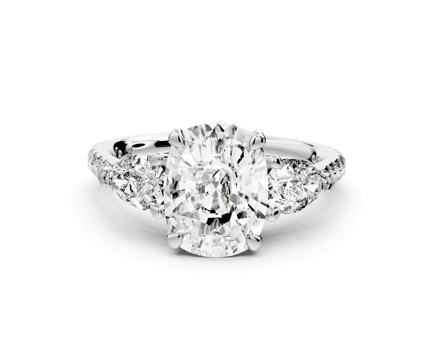 Alma - 3ct 18k white gold ecushion center stone with two pear shaped diamonds and pavé. Three stone oval and pear engagement ring with Pavé - Mr. Alex Jewelry