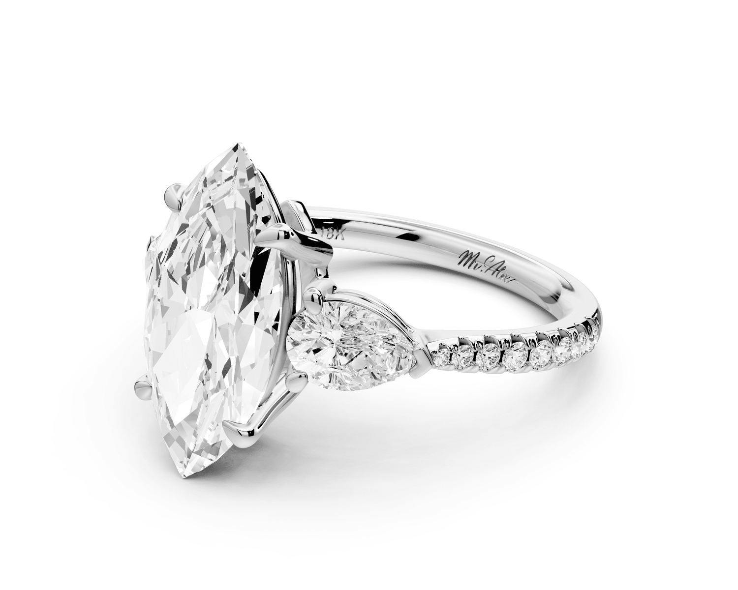 Alma - 3ct 18k white gold marquise center stone with two pear shaped diamonds and pavé. Three stone oval and pear engagement ring with Pavé - Mr. Alex Jewelry