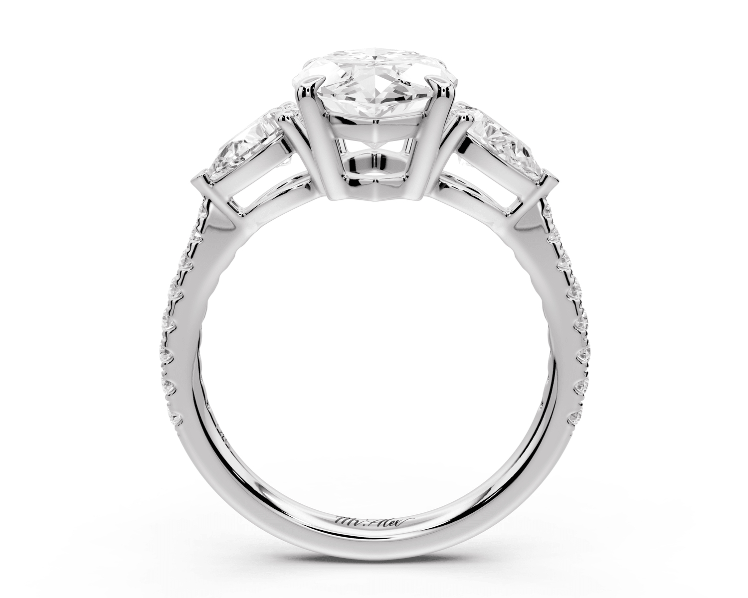 Alma - 3ct 18k white gold marquise center stone with two pear shaped diamonds and pavé. Three stone oval and pear engagement ring with Pavé - Mr. Alex Jewelry