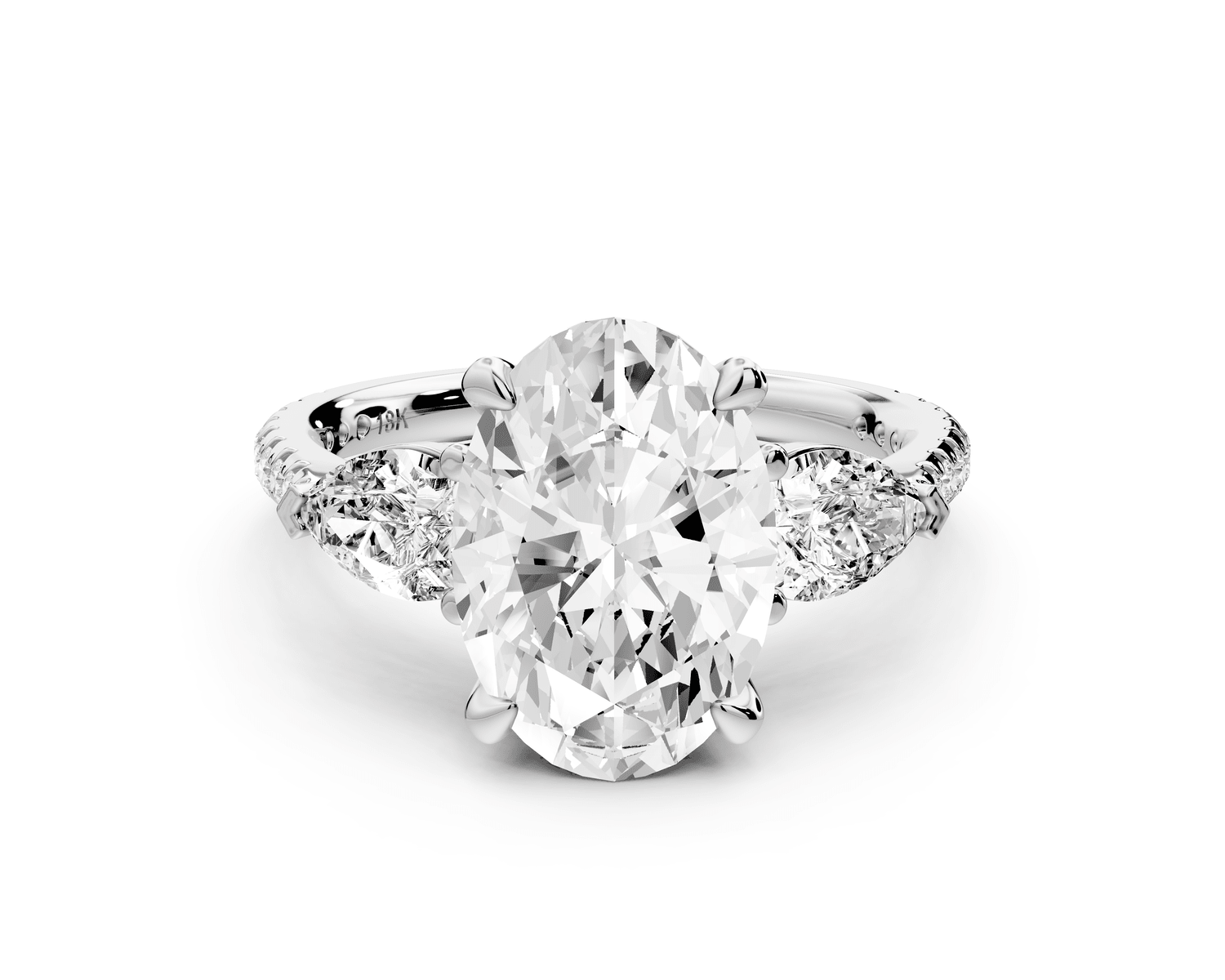 Alma - 3ct 18k white gold oval center stone with two pear shaped diamonds and pavé. Three stone oval and pear Engagement ring with Pavé - Mr. Alex Jewelry