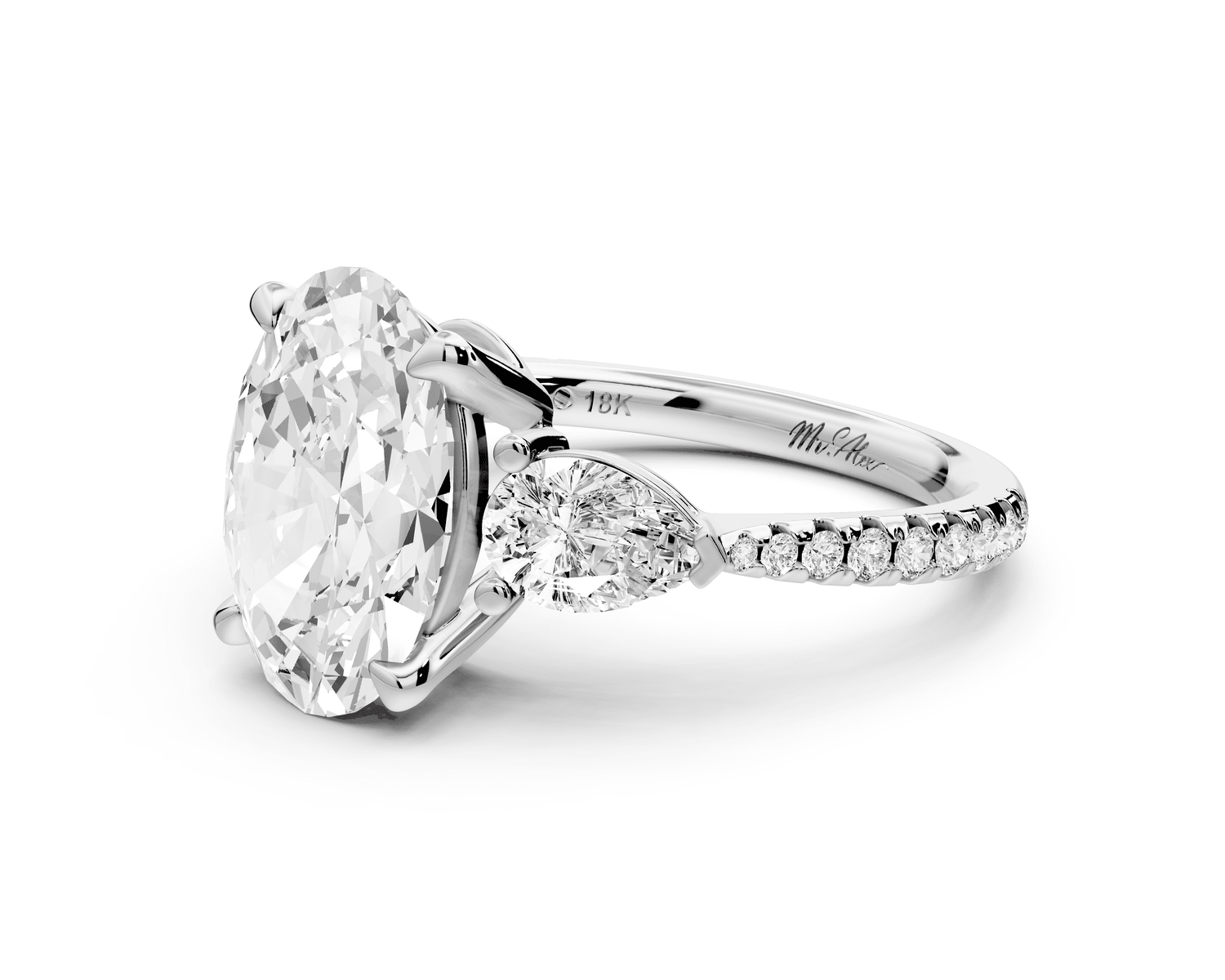 Alma - 3ct 18k white gold oval center stone with two pear shaped diamonds and pavé. Three stone oval and pear Engagement ring with Pavé - Mr. Alex Jewelry