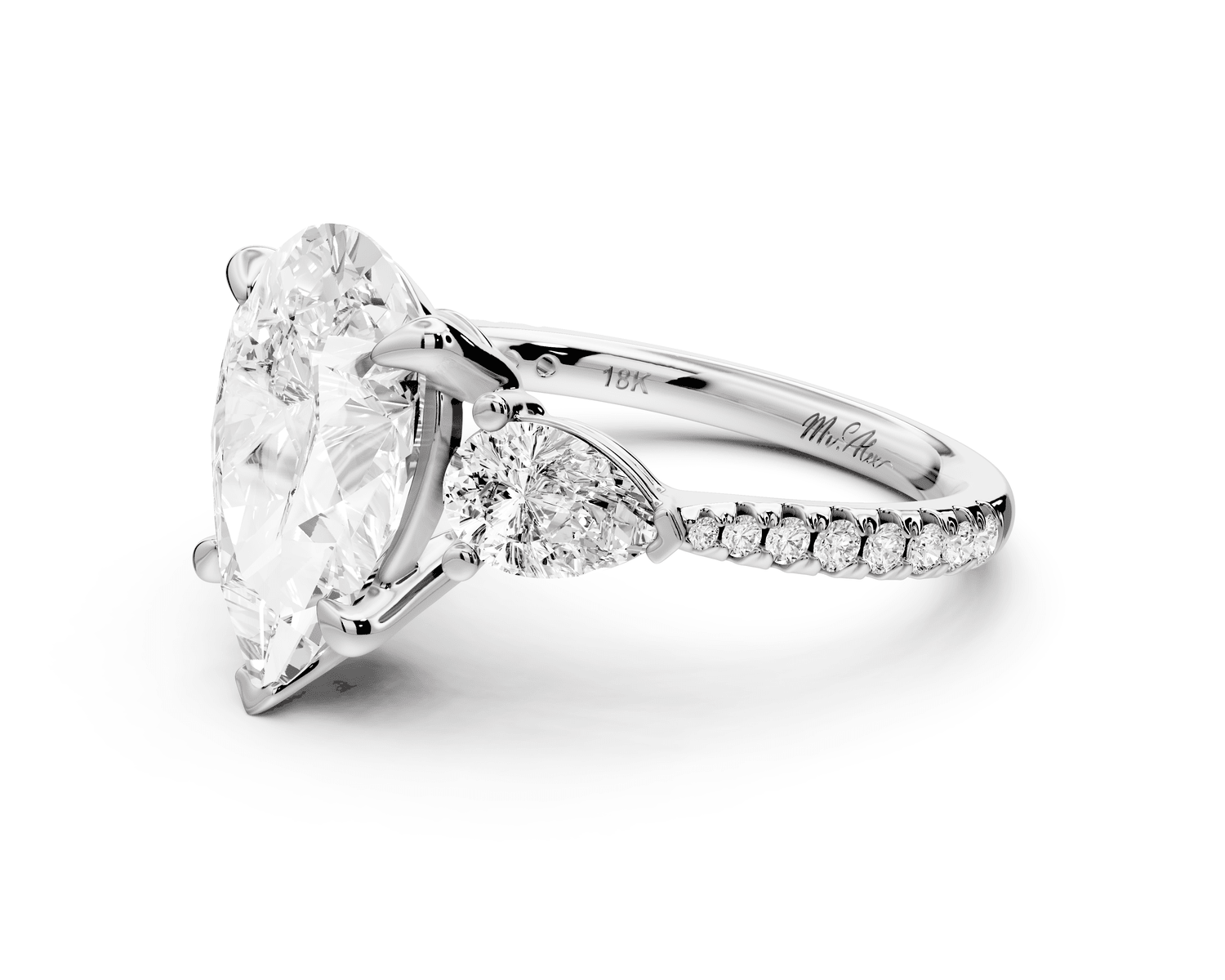 Alma - 3ct 18k white gold pear center stone with two pear shaped diamonds and pavé. Three stone oval and pear Engagement ring with Pavé - Mr. Alex Jewelry