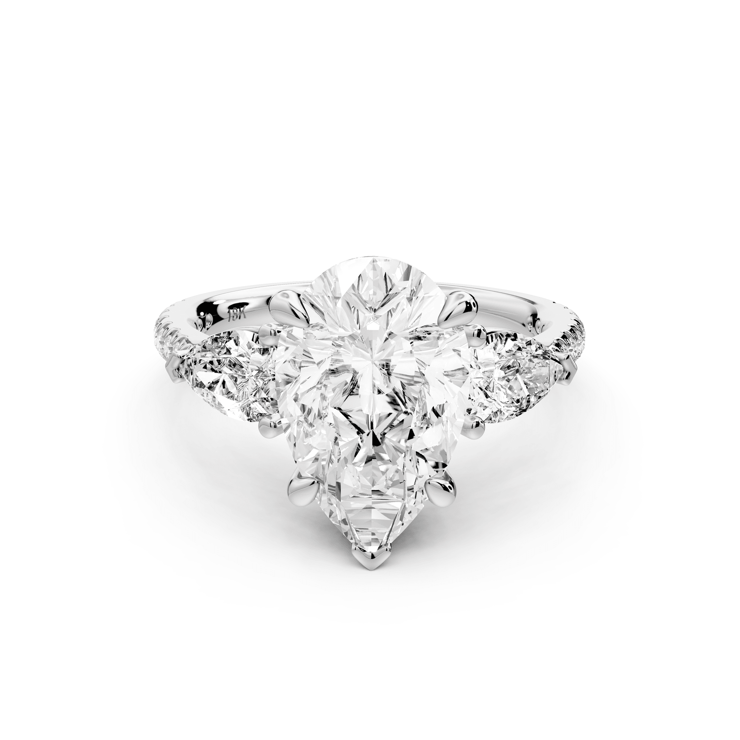 Alma - 3ct 18k white gold pear center stone with two pear shaped diamonds and pavé. Three stone oval and pear Engagement ring with Pavé - Mr. Alex Jewelry