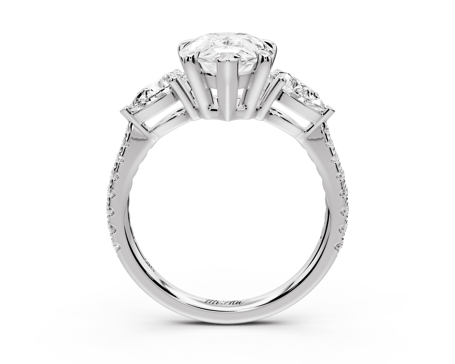 Alma - 3ct 18k white gold pear center stone with two pear shaped diamonds and pavé. Three stone oval and pear Engagement ring with Pavé - Mr. Alex Jewelry