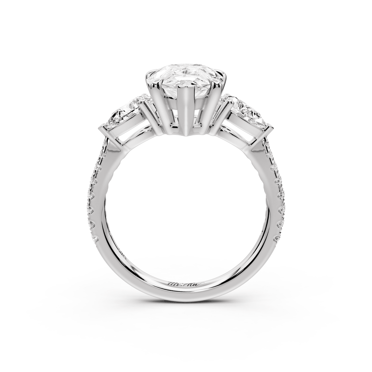Alma - 3ct 18k white gold pear center stone with two pear shaped diamonds and pavé. Three stone oval and pear Engagement ring with Pavé - Mr. Alex Jewelry