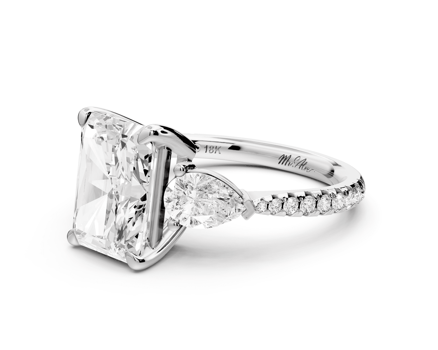 Alma - 3ct 18k white gold radiant center stone with two pear shaped diamonds and pavé. Three stone oval and pear engagement ring with Pavé - Mr. Alex Jewelry