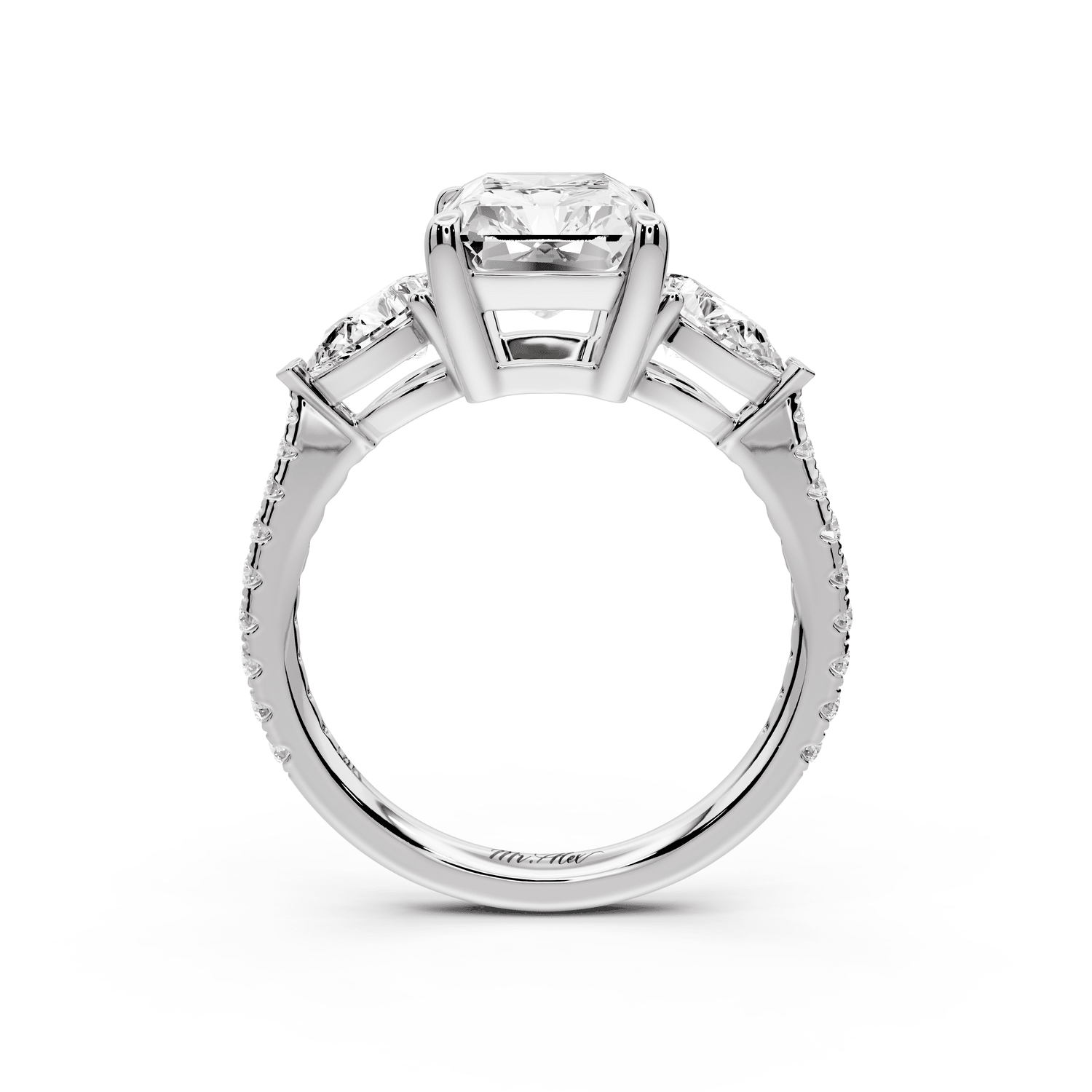 Alma - 3ct 18k white gold radiant center stone with two pear shaped diamonds and pavé. Three stone oval and pear engagement ring with Pavé - Mr. Alex Jewelry