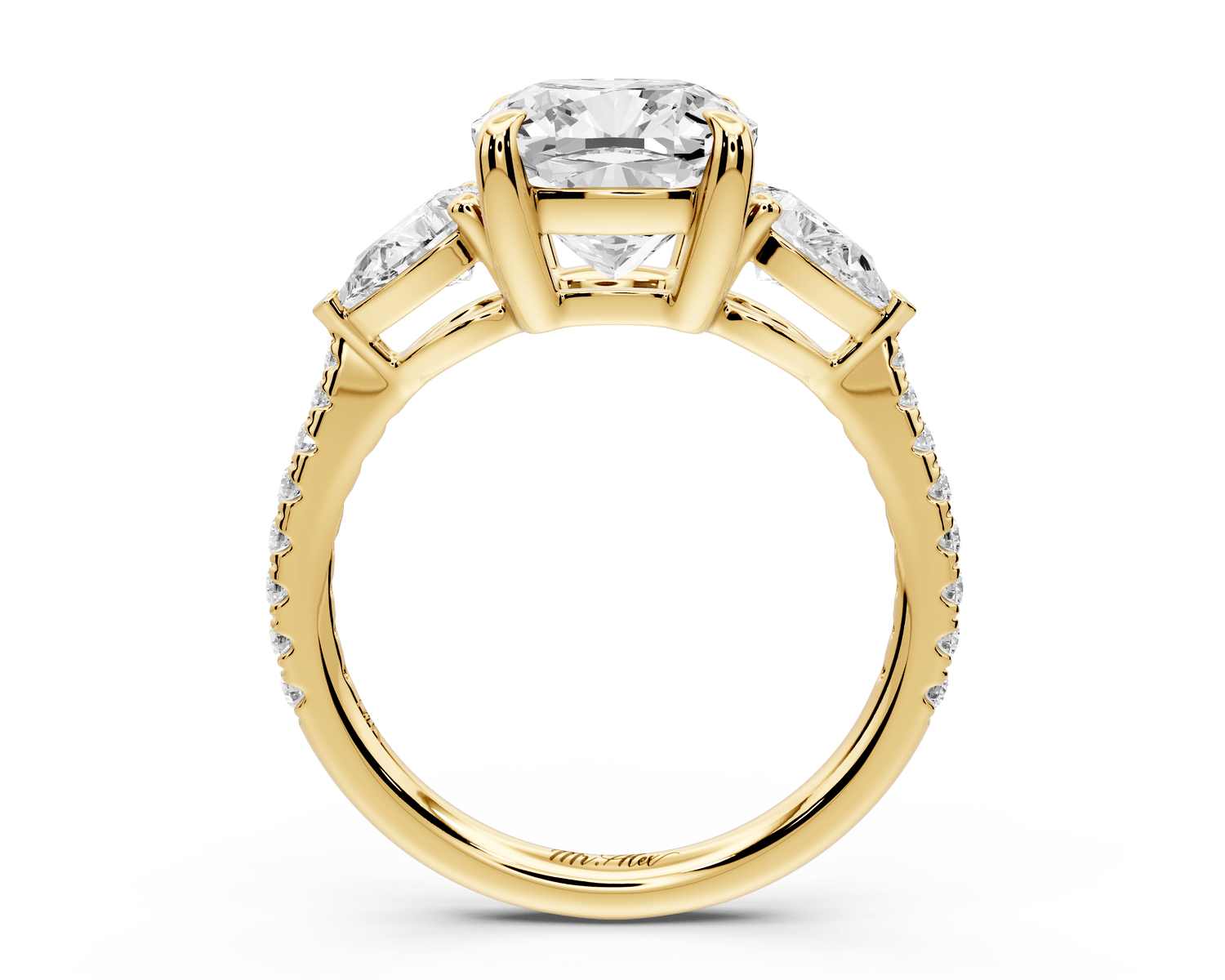 Alma - 3ct 18k yellow gold cushion center stone with two pear shaped diamonds and pavé. Three stone oval and pear engagement ring with Pavé - Mr. Alex Jewelry