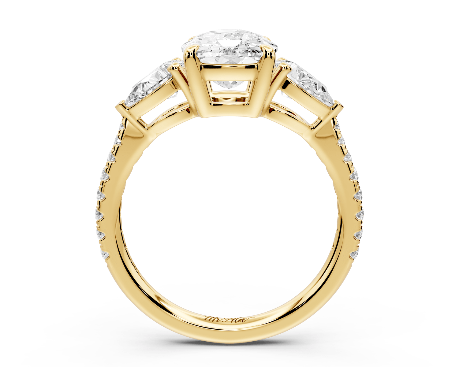 Alma - 3ct 18k yellow gold ecushion center stone with two pear shaped diamonds and pavé. Three stone oval and pear engagement ring with Pavé - Mr. Alex Jewelry