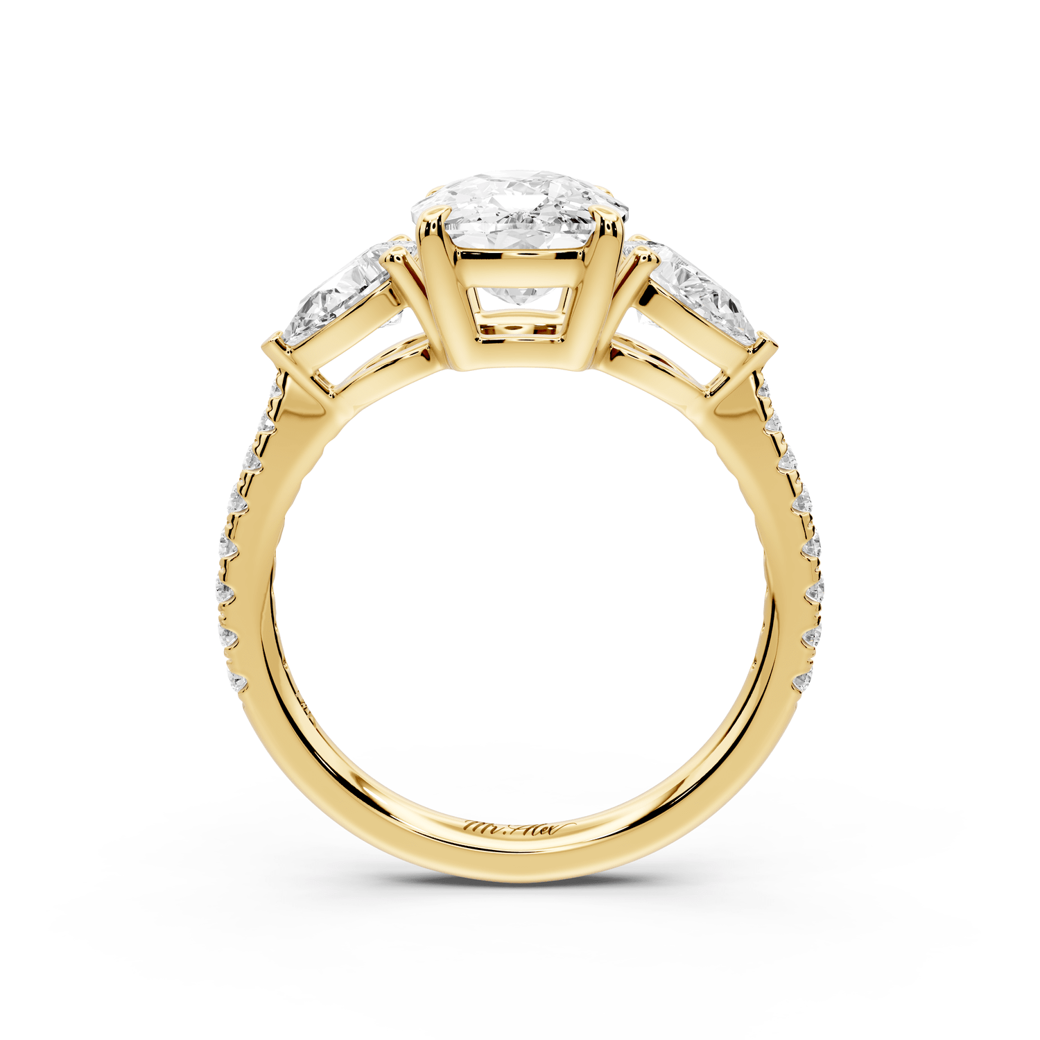 Alma - 3ct 18k yellow gold ecushion center stone with two pear shaped diamonds and pavé. Three stone oval and pear engagement ring with Pavé - Mr. Alex Jewelry
