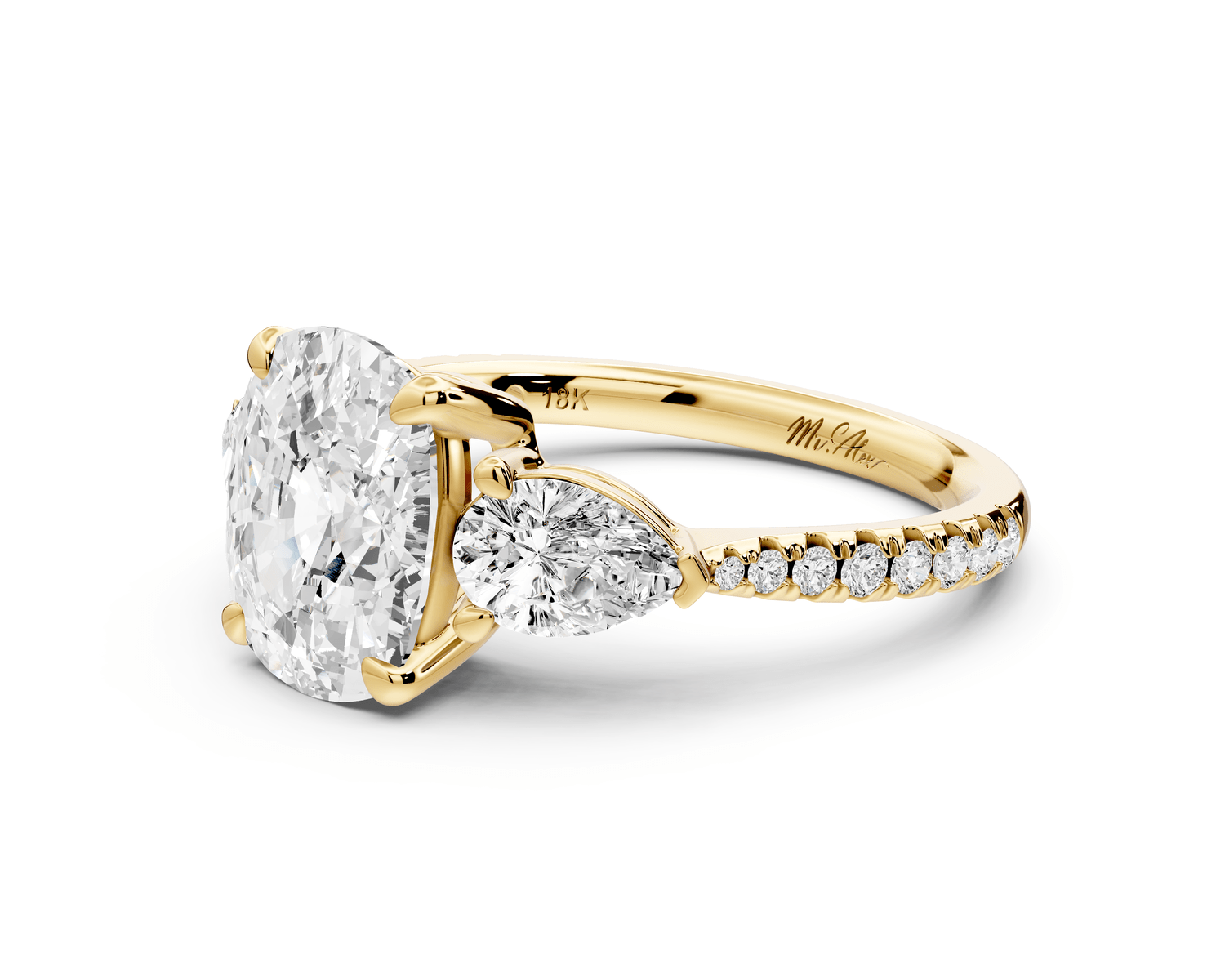 Alma - 3ct 18k yellow gold ecushion center stone with two pear shaped diamonds and pavé. Three stone oval and pear engagement ring with Pavé - Mr. Alex Jewelry