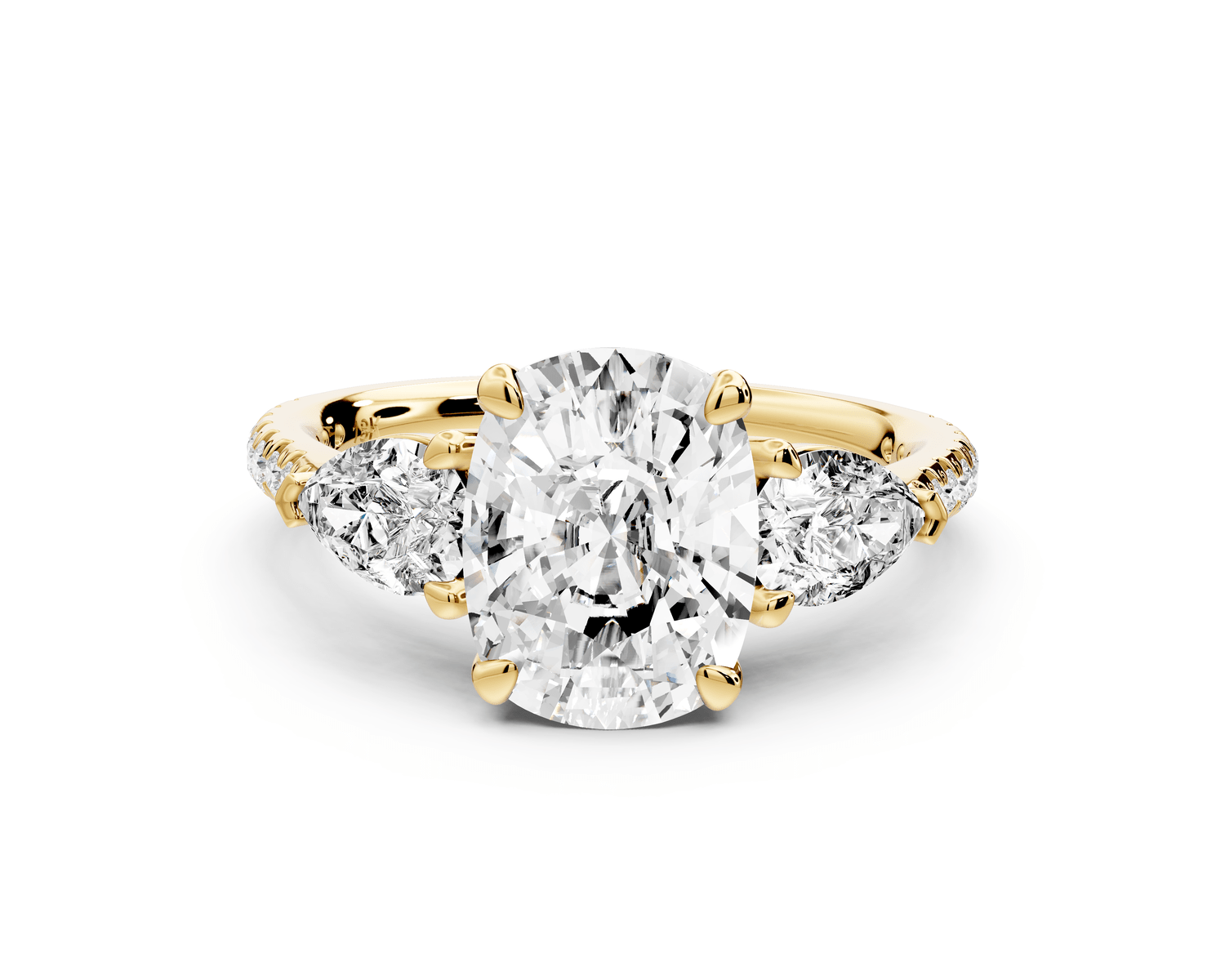Alma - 3ct 18k yellow gold ecushion center stone with two pear shaped diamonds and pavé. Three stone oval and pear engagement ring with Pavé - Mr. Alex Jewelry