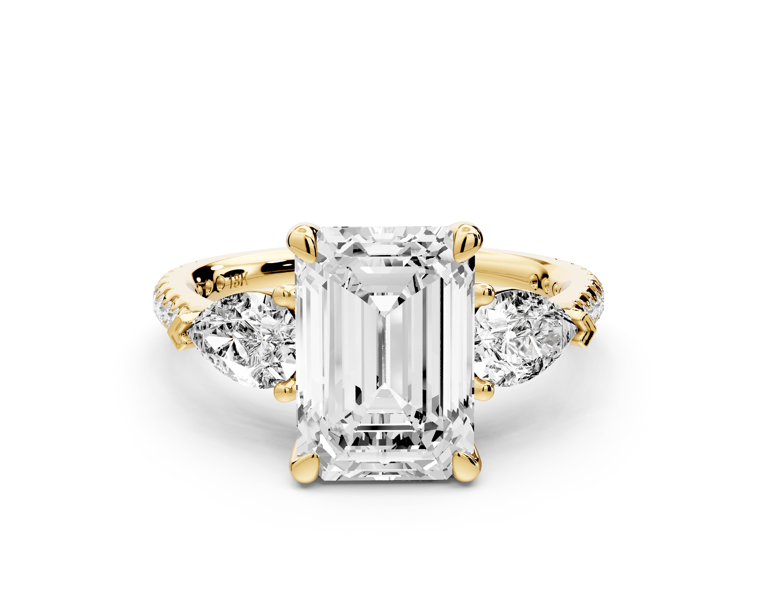 Alma - 3ct 18k yellow gold emerald center stone with two pear shaped diamonds and pavé. Three stone oval and pear Engagement ring with Pavé - Mr. Alex Jewelry