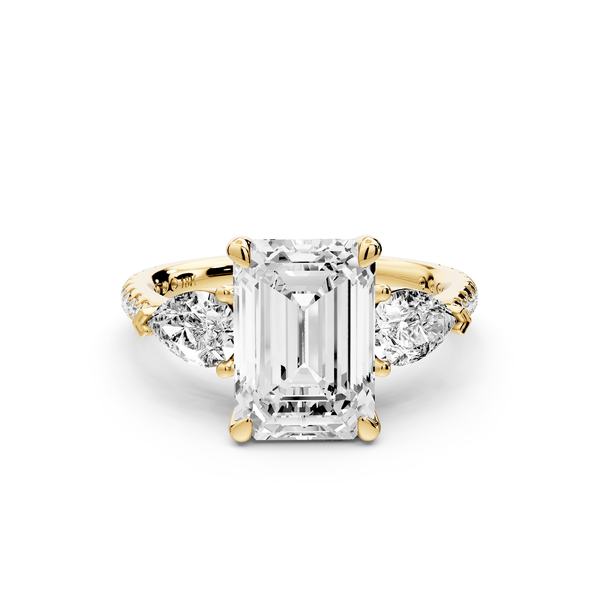 Alma - 3ct 18k yellow gold emerald center stone with two pear shaped diamonds and pavé. Three stone oval and pear Engagement ring with Pavé - Mr. Alex Jewelry