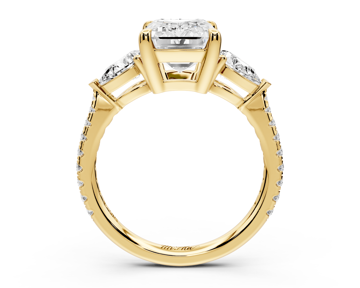 Alma - 3ct 18k yellow gold emerald center stone with two pear shaped diamonds and pavé. Three stone oval and pear Engagement ring with Pavé - Mr. Alex Jewelry