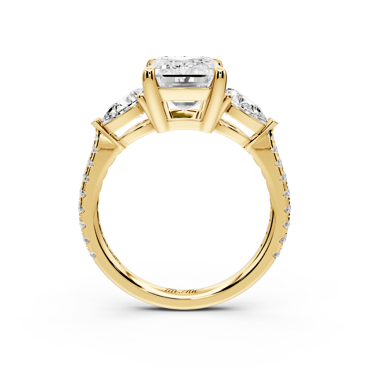 Alma - 3ct 18k yellow gold emerald center stone with two pear shaped diamonds and pavé. Three stone oval and pear Engagement ring with Pavé - Mr. Alex Jewelry