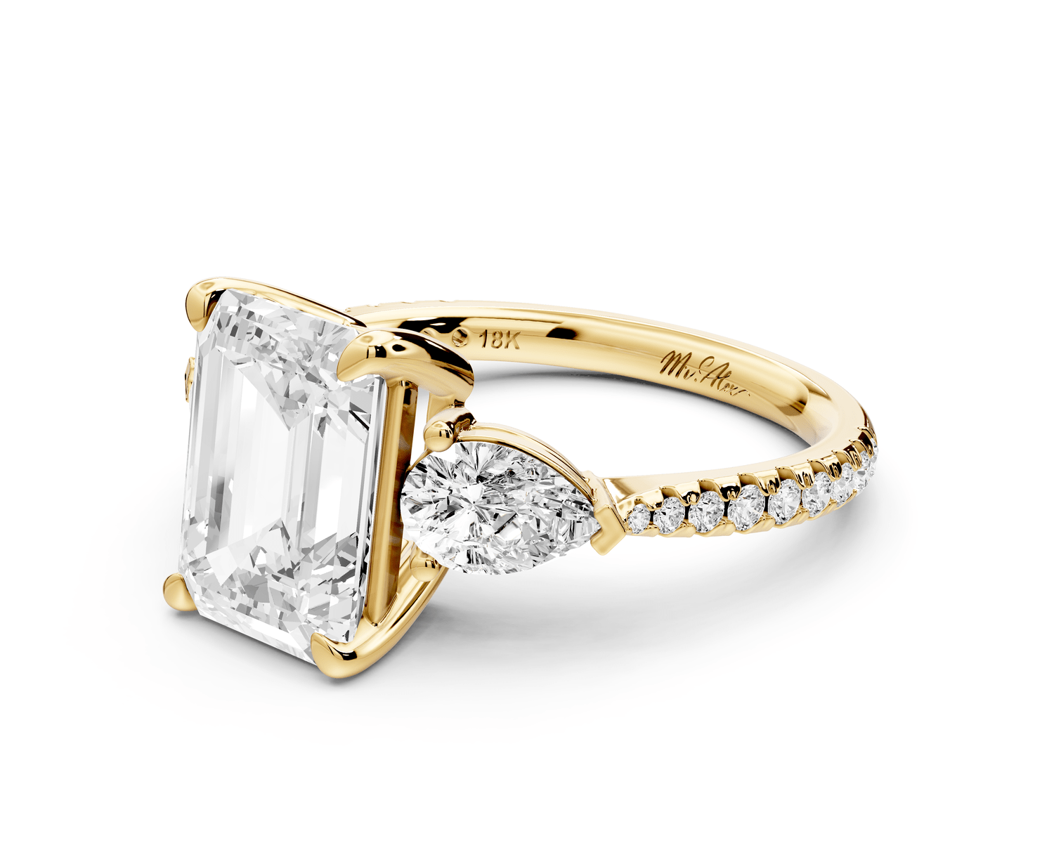 Alma - 3ct 18k yellow gold emerald center stone with two pear shaped diamonds and pavé. Three stone oval and pear Engagement ring with Pavé - Mr. Alex Jewelry