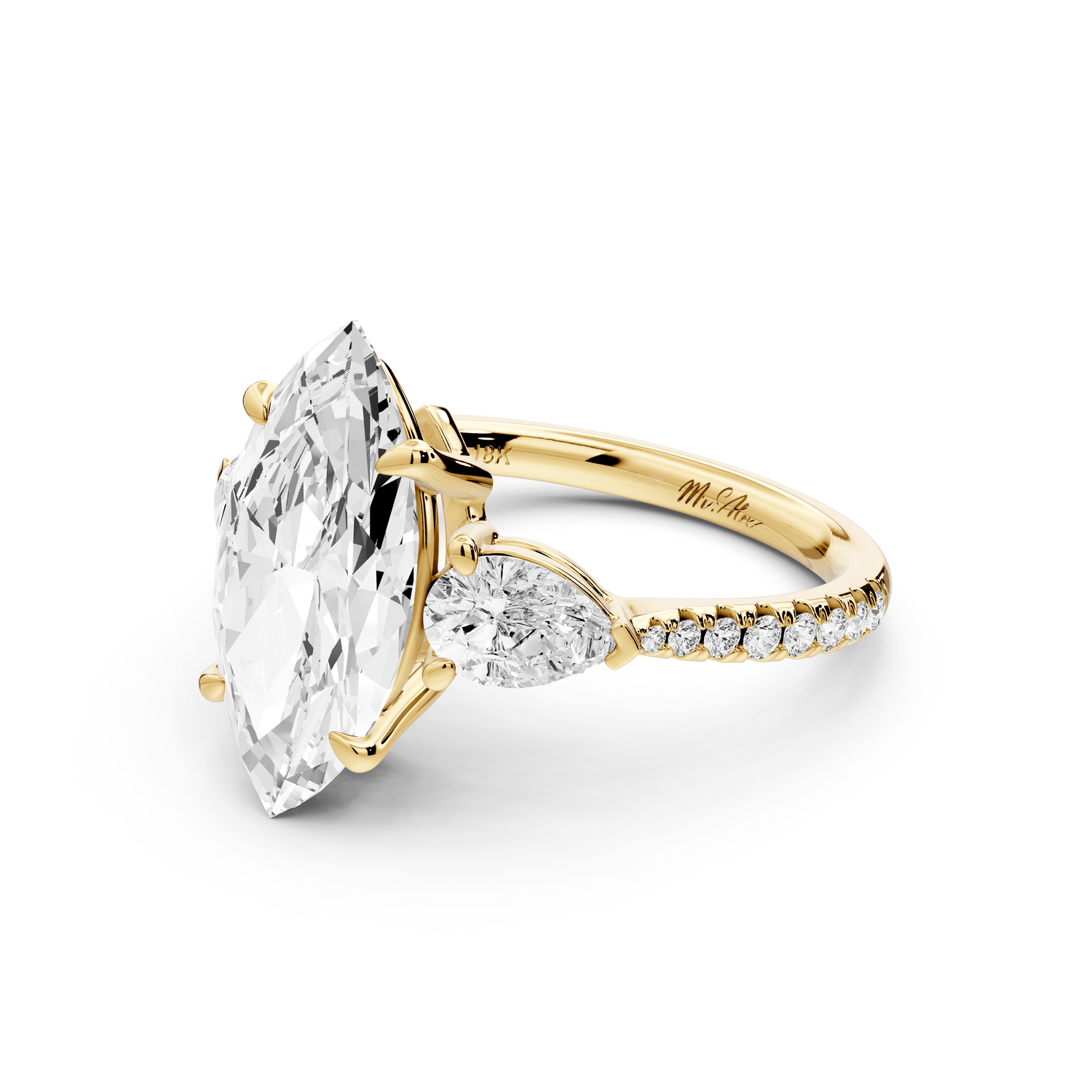 Alma - 3ct 18k yellow gold marquise center stone with two pear shaped diamonds and pavé. Three stone oval and pear engagement ring with Pavé - Mr. Alex Jewelry